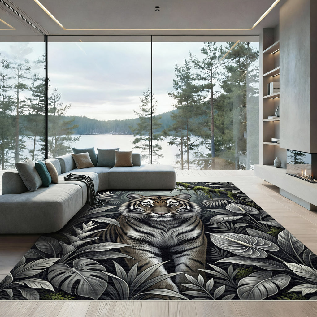 Monochromatic Jungle Tiger Tropical Leaves Rug