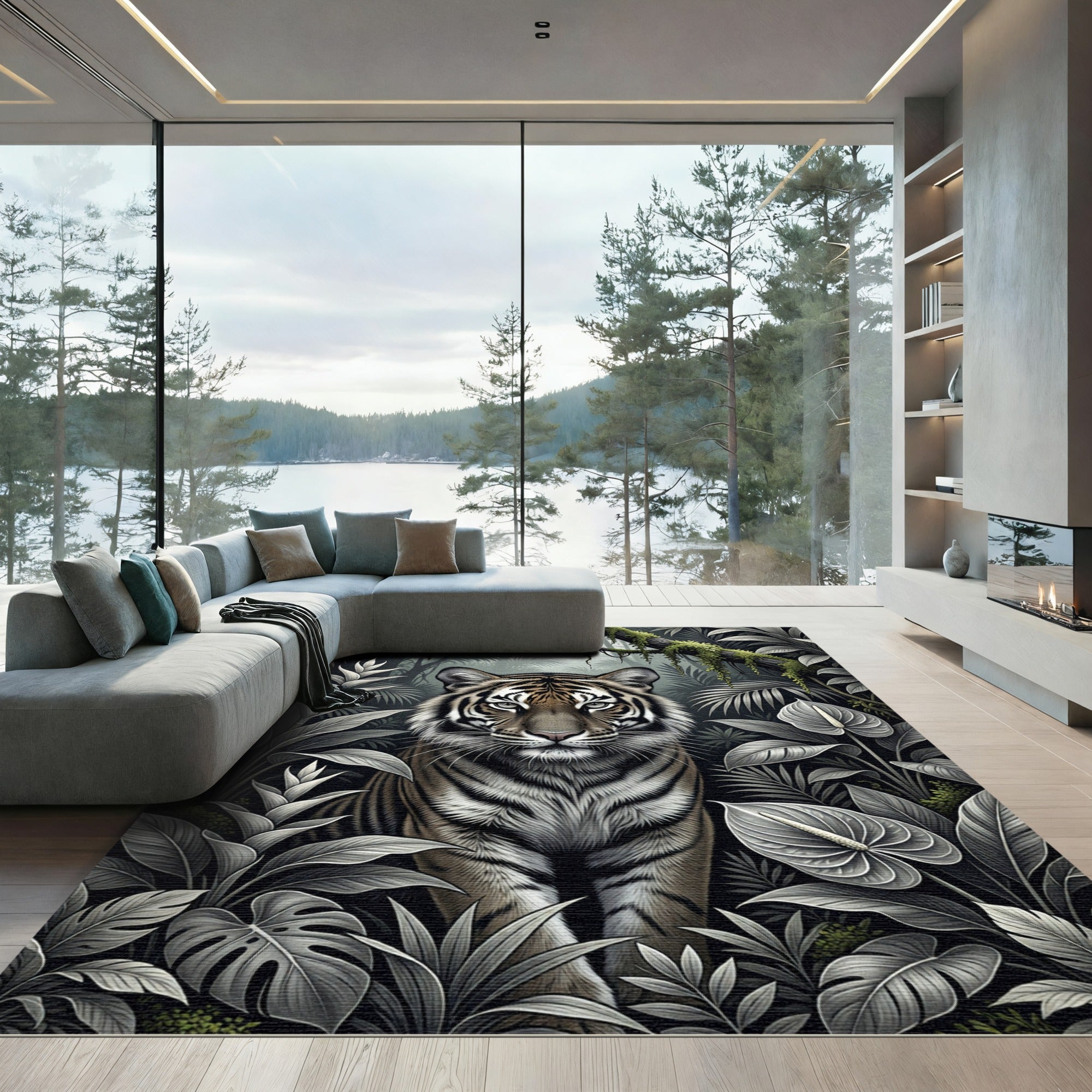 Monochromatic Jungle Tiger Tropical Leaves Rug