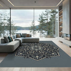 Charcoal Gray Floral Symmetry Medallion Rug
