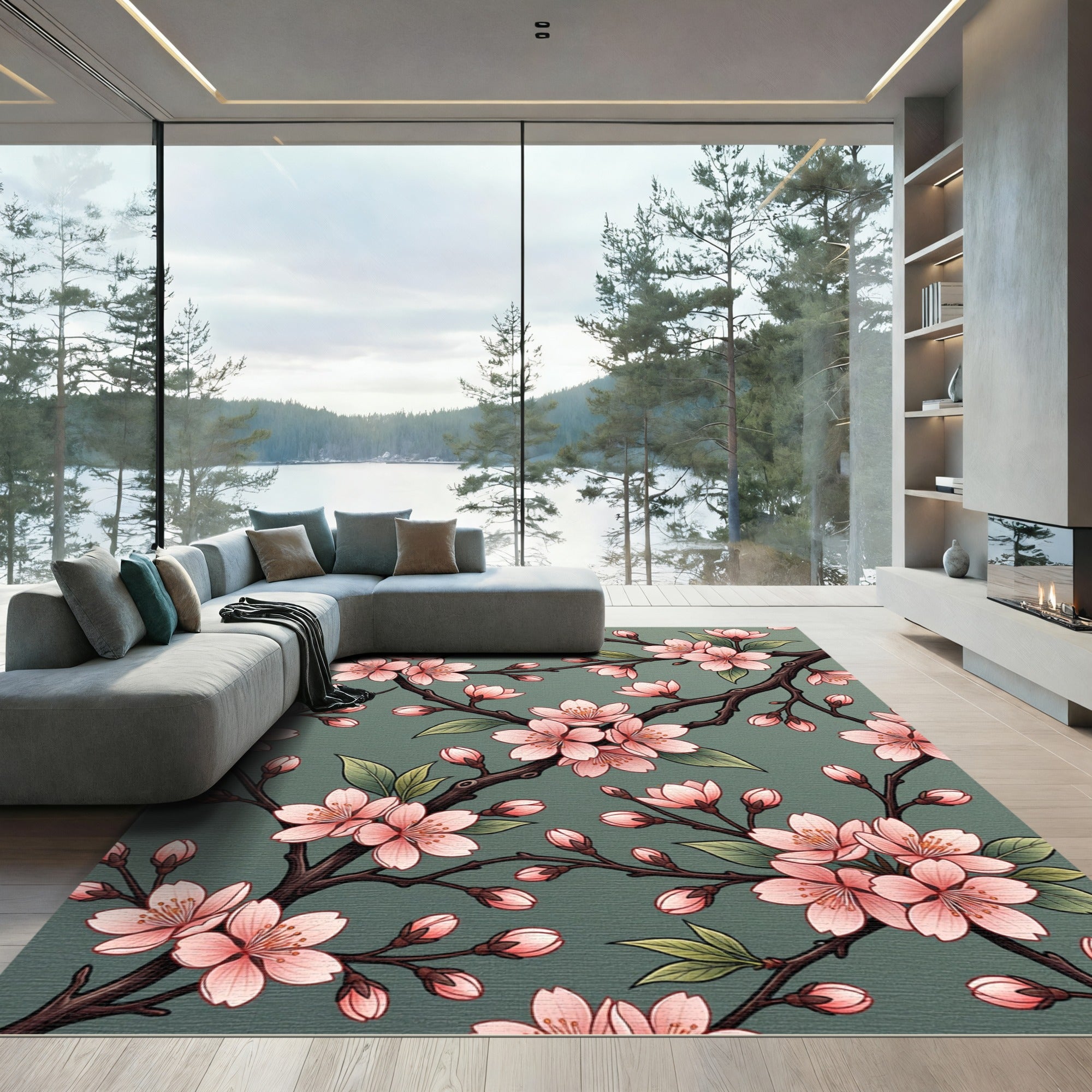 Pink Blossom Branch Serene Background Rug