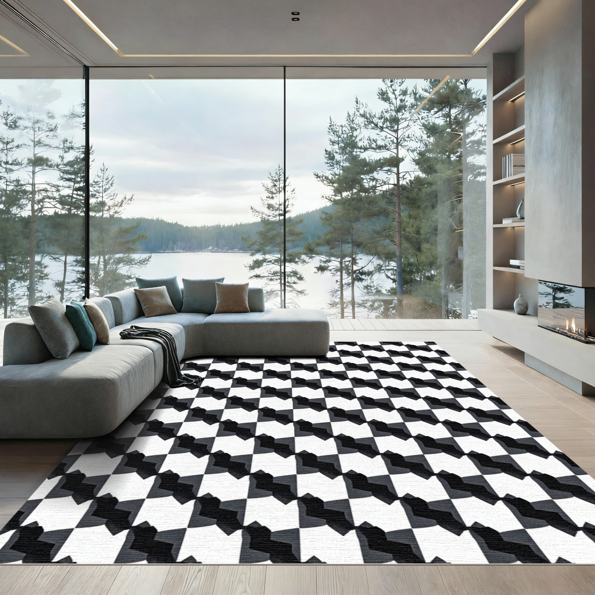 Monochromatic Cubist Chessboard Illusion Rug