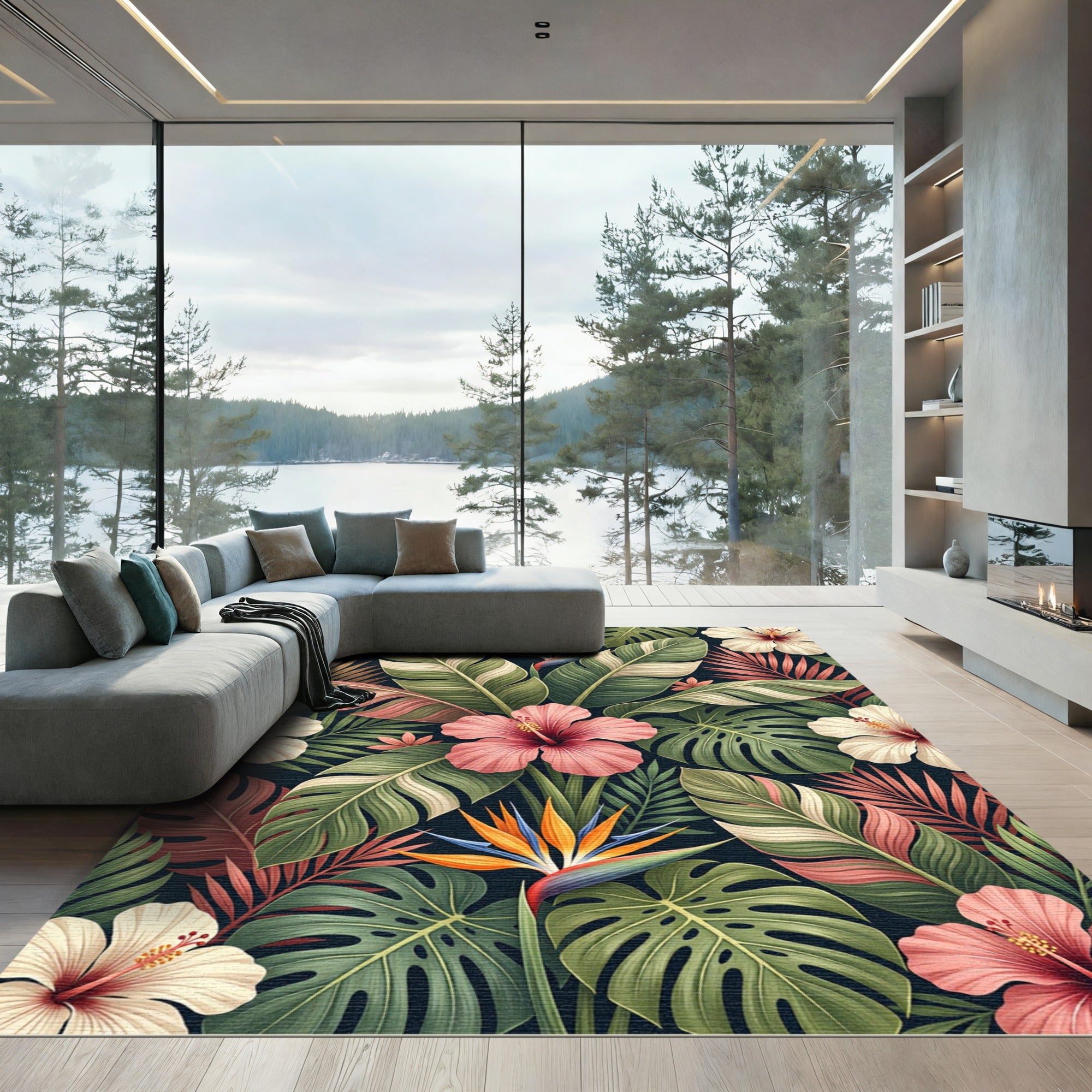 Vibrant Tropical Bird Paradise Blooms Rug