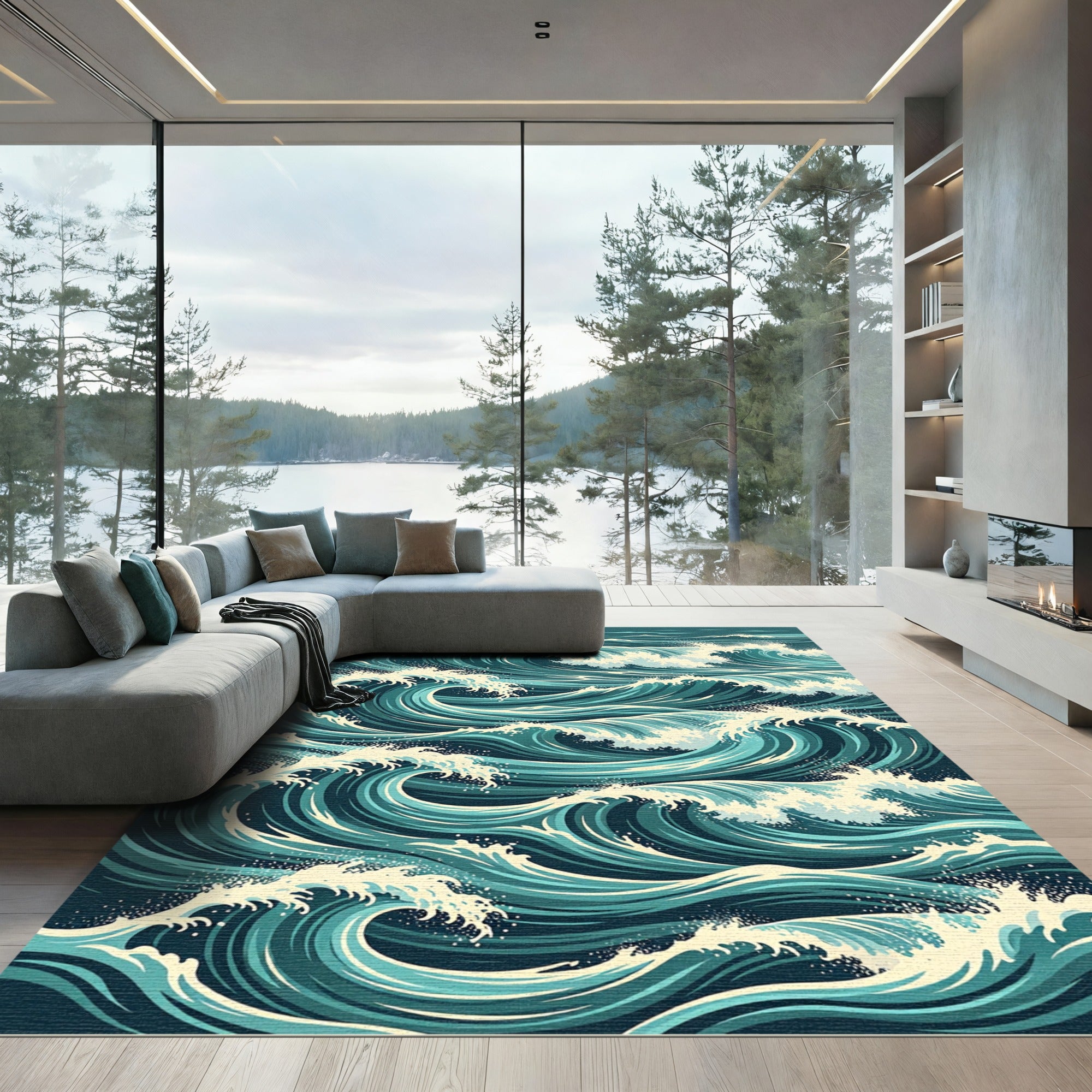 Dynamic Teal Ocean Wave Rug