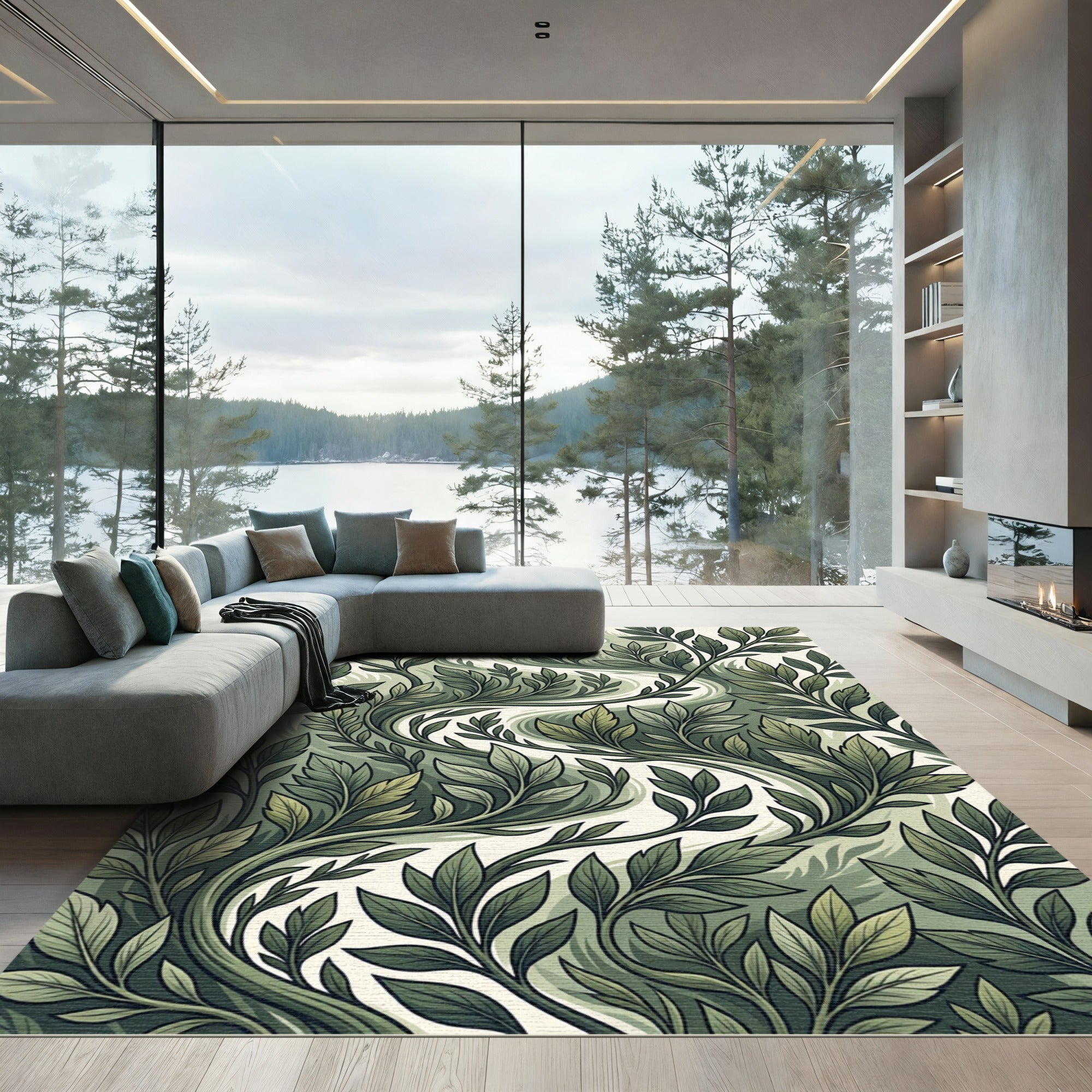 Lush Verdant Botanical Leaf Flow Rug