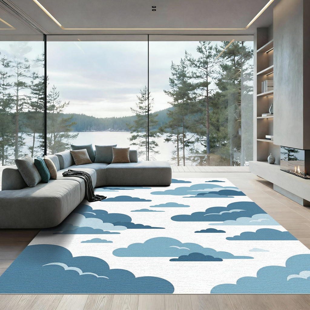 Dreamy Blue Layered Cloudscape Illustration Rug