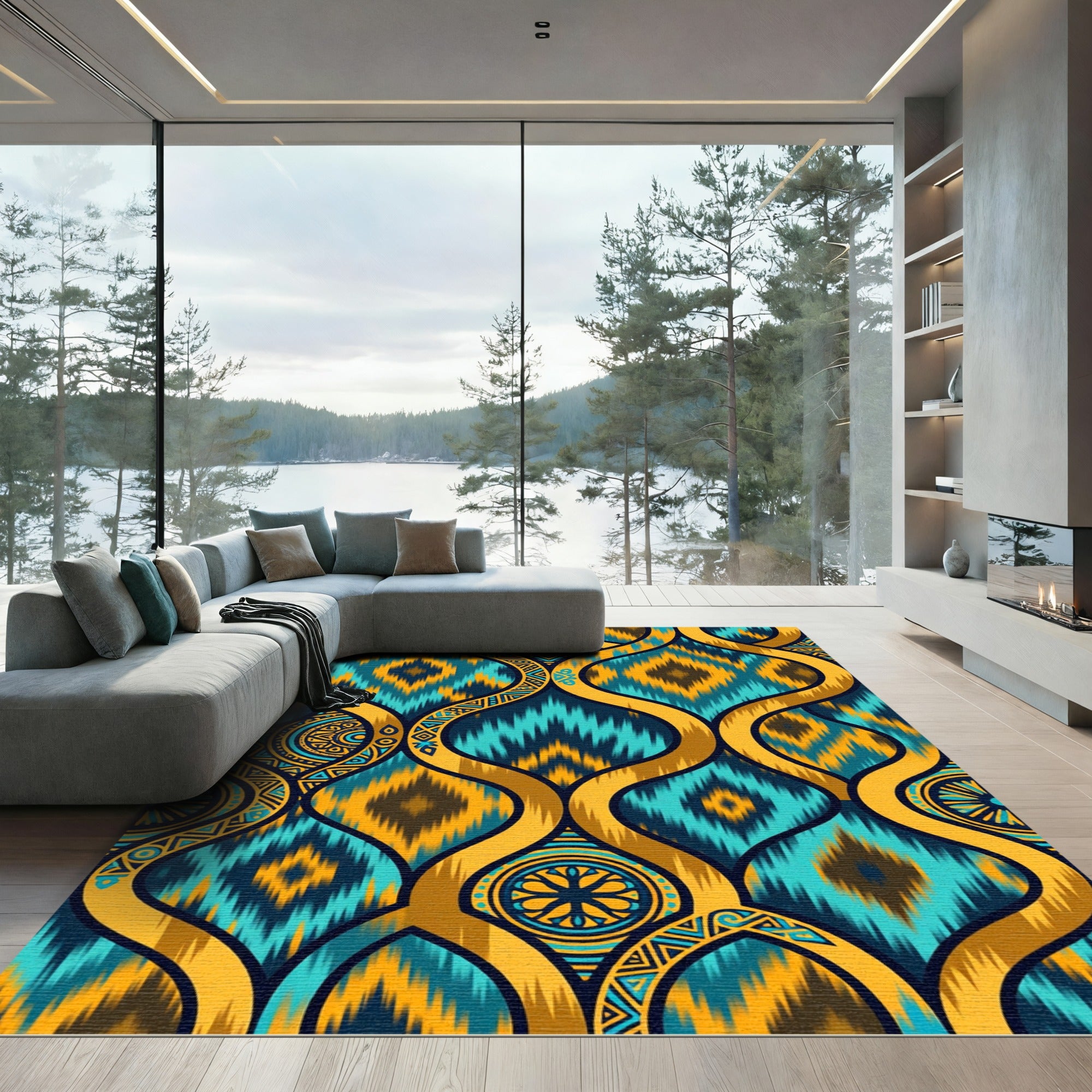 Teal Gold Abstract Geometric Lattice Rug