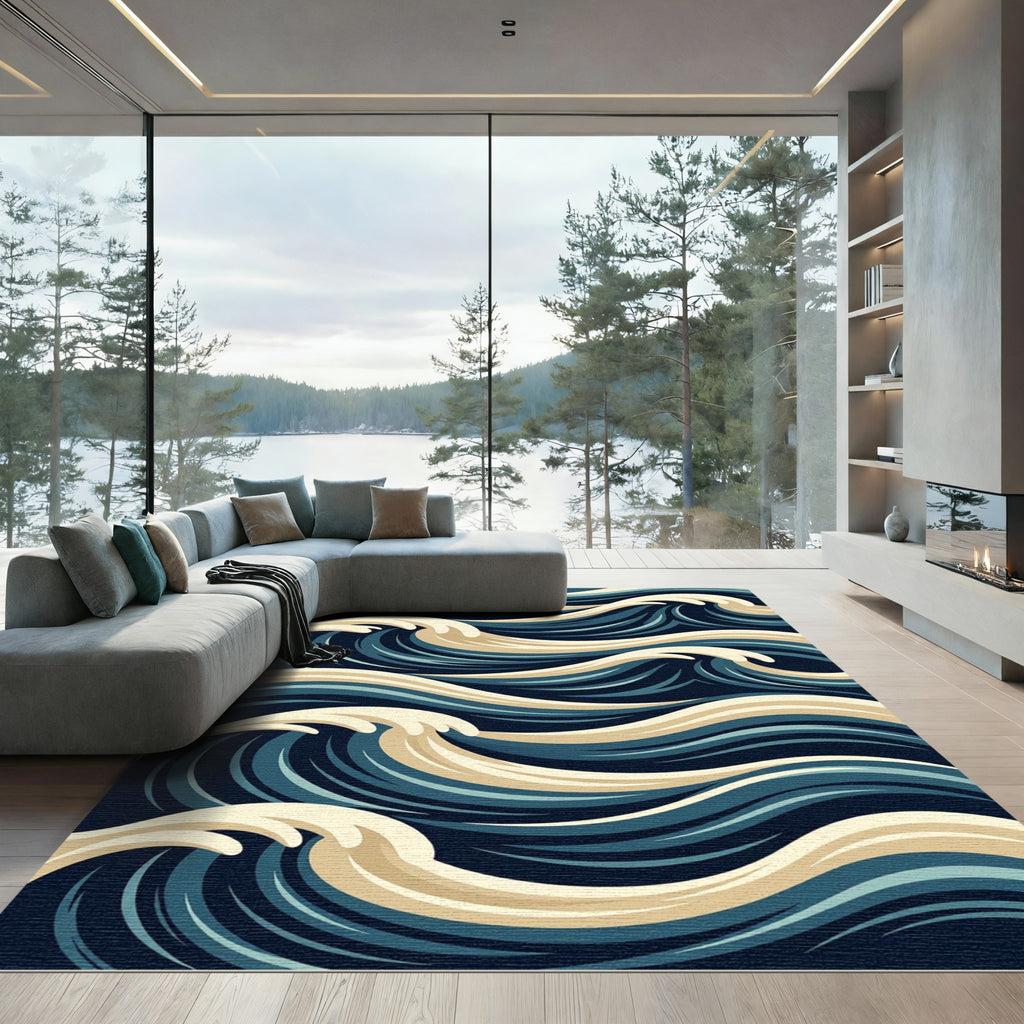 Deep Blue Cream Ocean Waves Rug