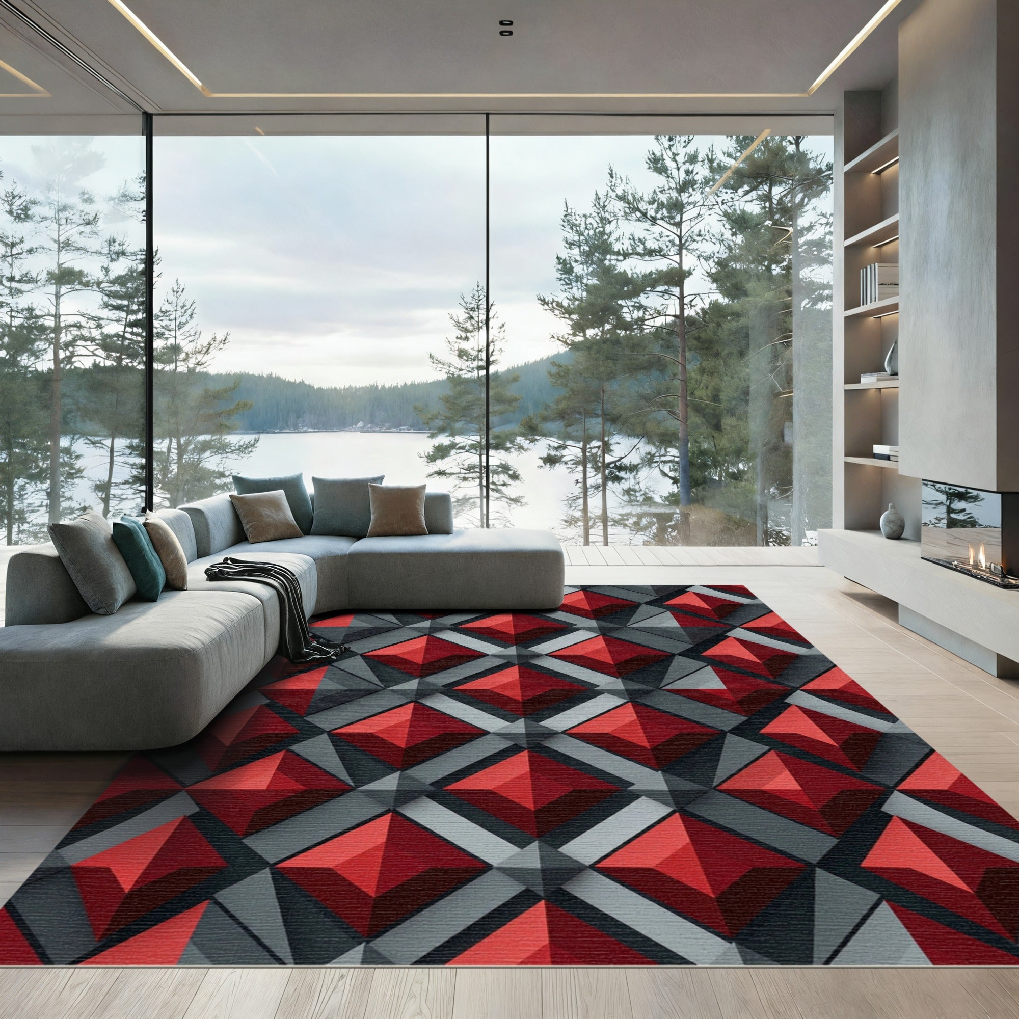 Red Gray Geometric Pyramid Diamond Rug