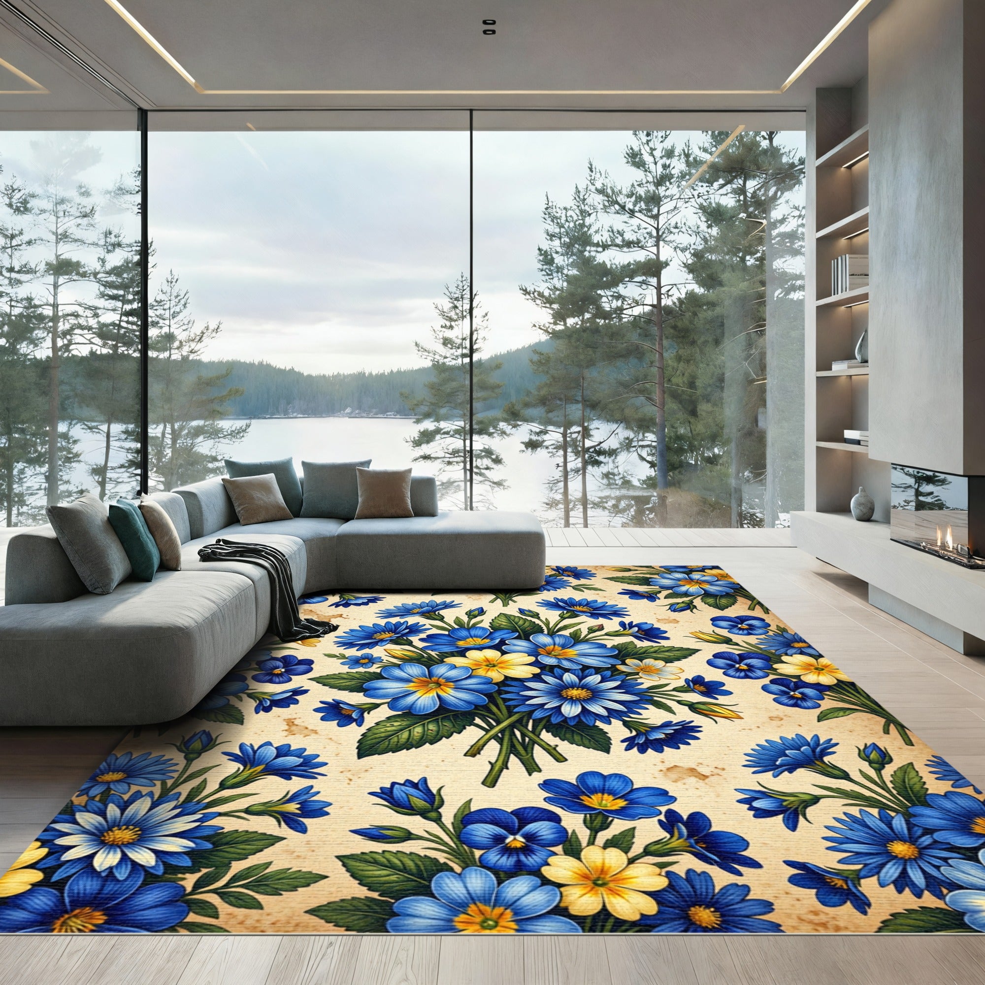 Vibrant Blue Yellow Floral Bouquet Collage Rug
