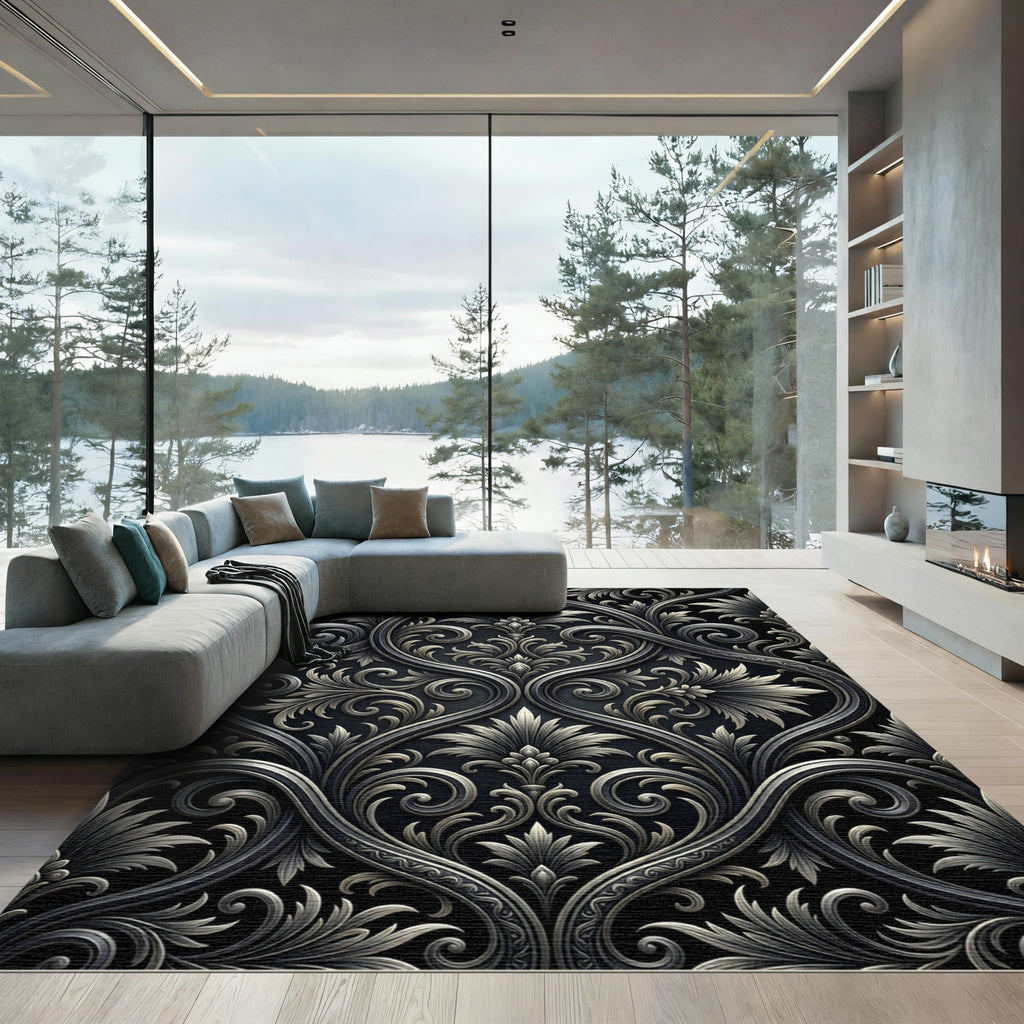 Elegant Black and Silver Damask Scroll Rug