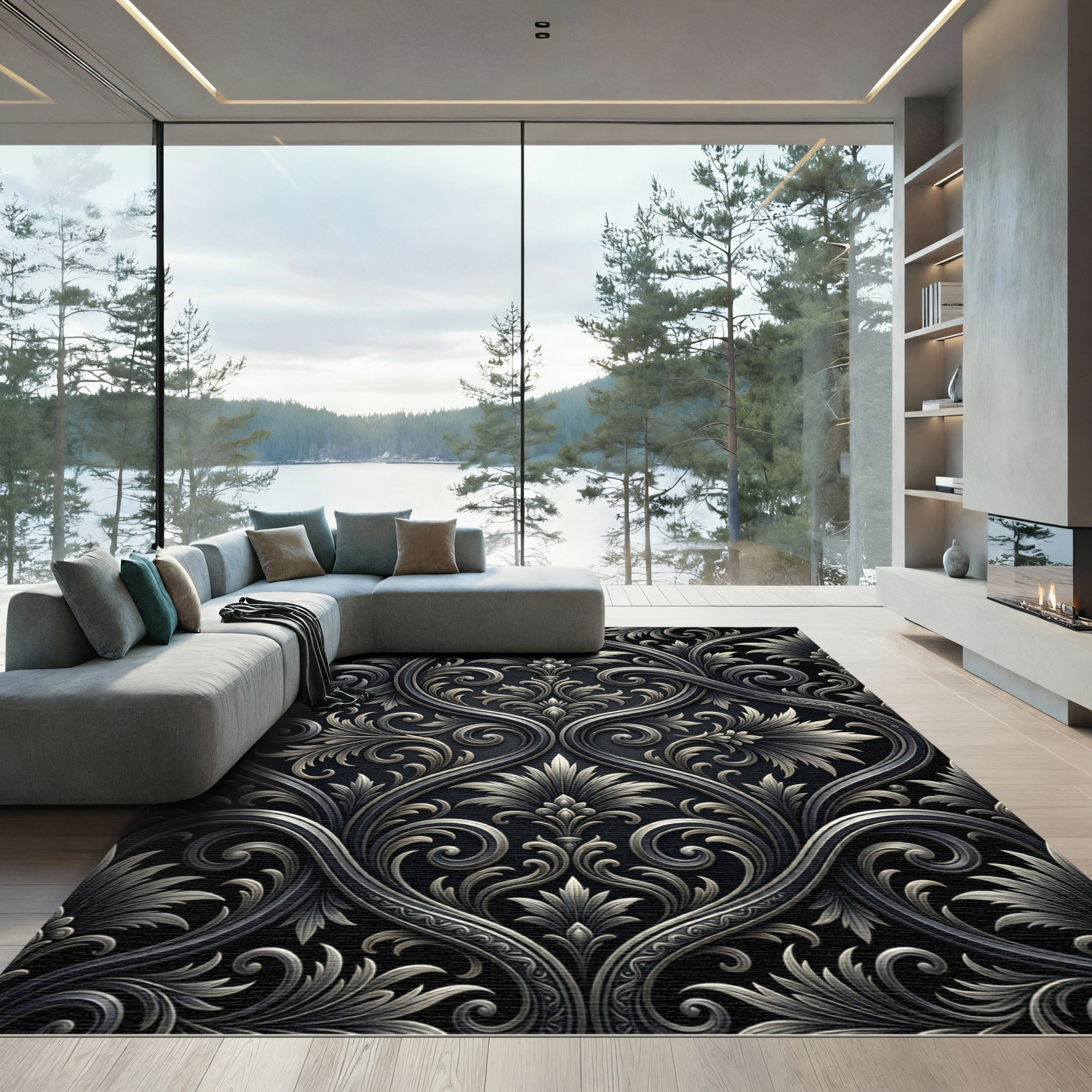 Elegant Black and Silver Damask Scroll Rug