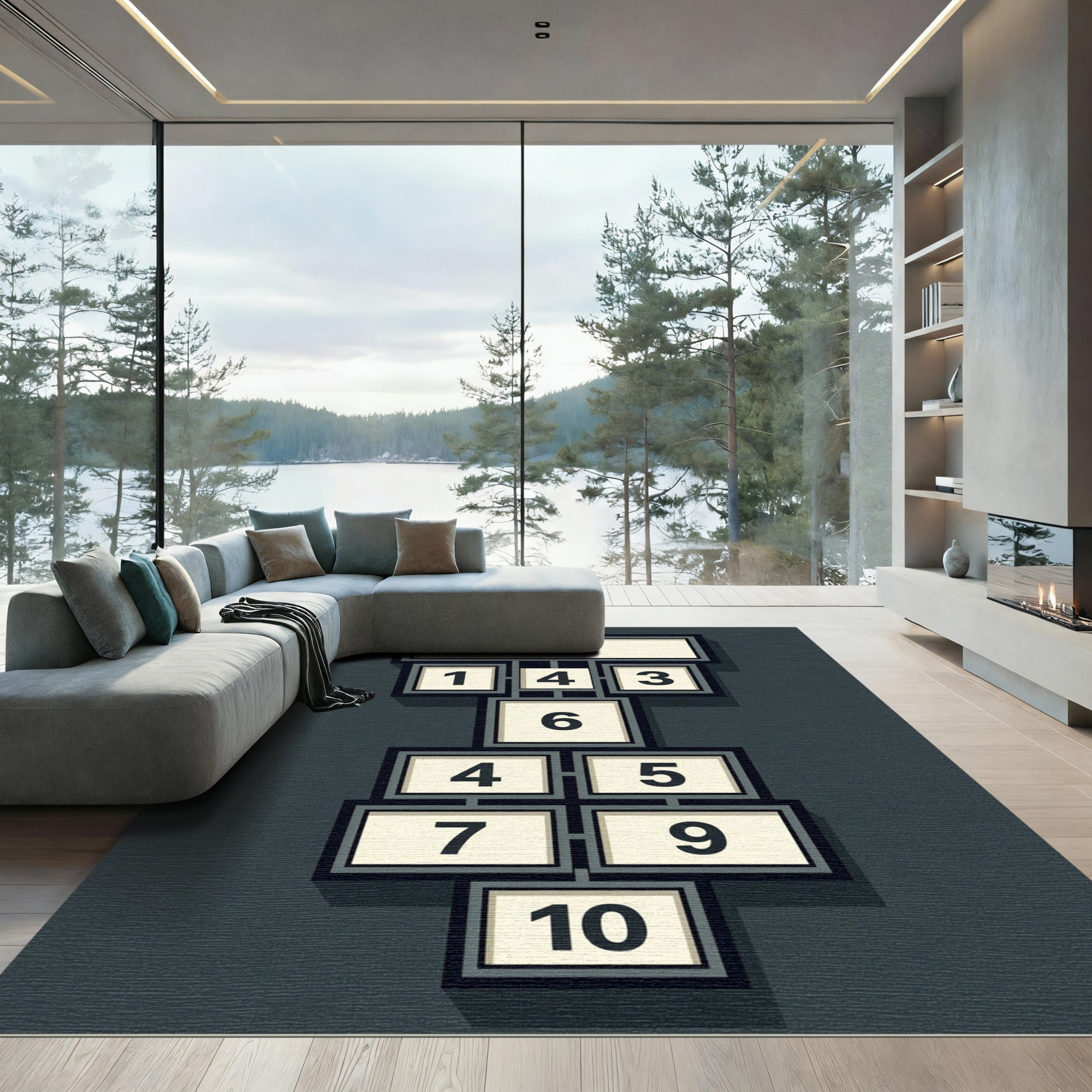 Modern Monochrome Geometric Hopscotch Grid Rug
