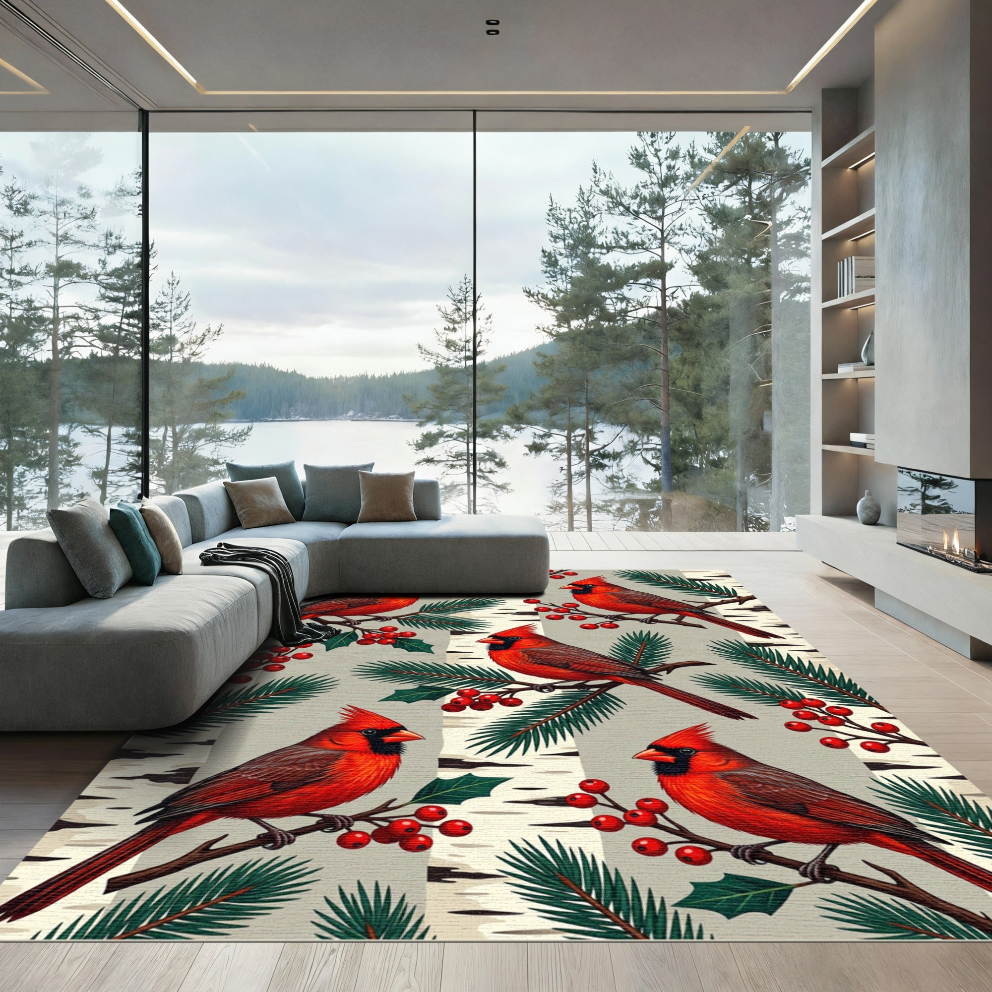 Winter Cardinal Birch Branch Illustration Rug