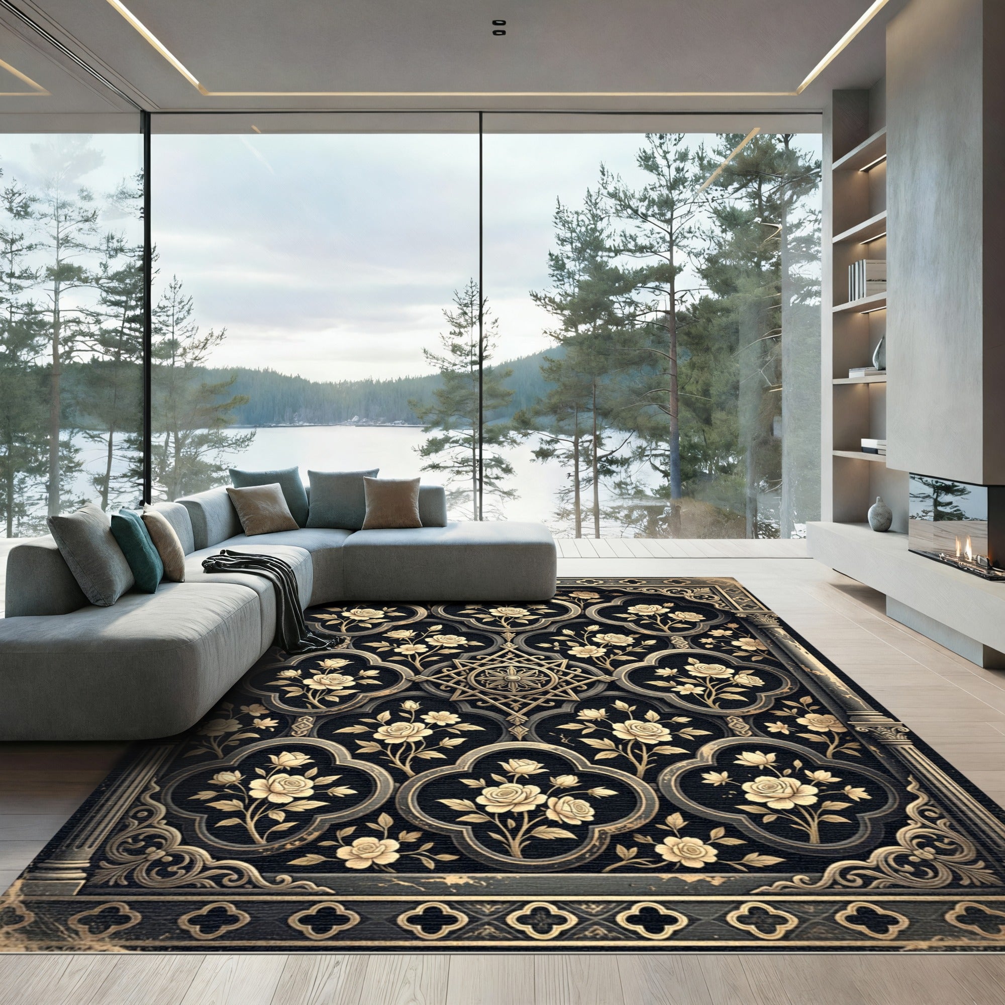 Ornate Gold Rose Damask Black Medallion Rug