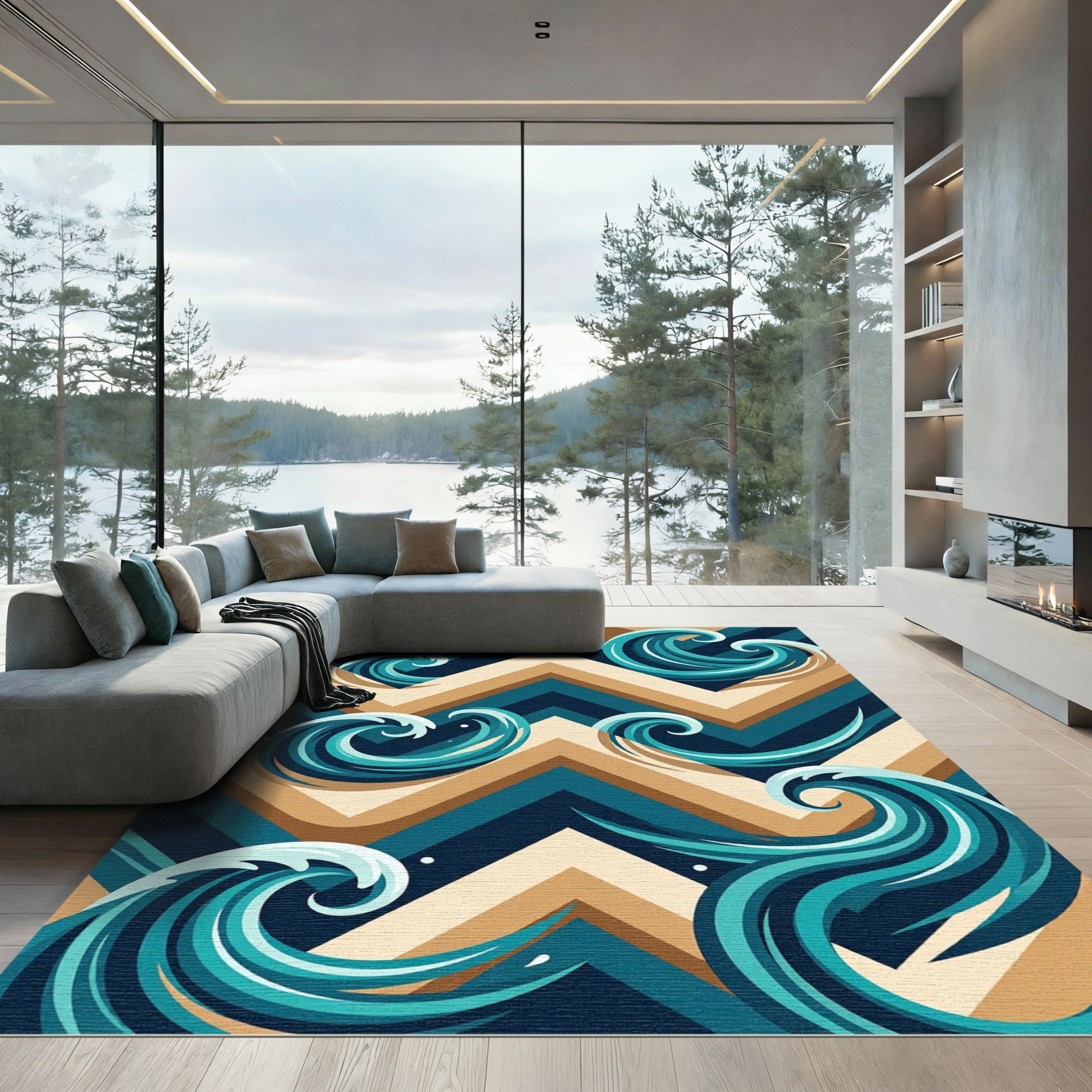 Abstract Chevron Ocean Wave Teal Rug