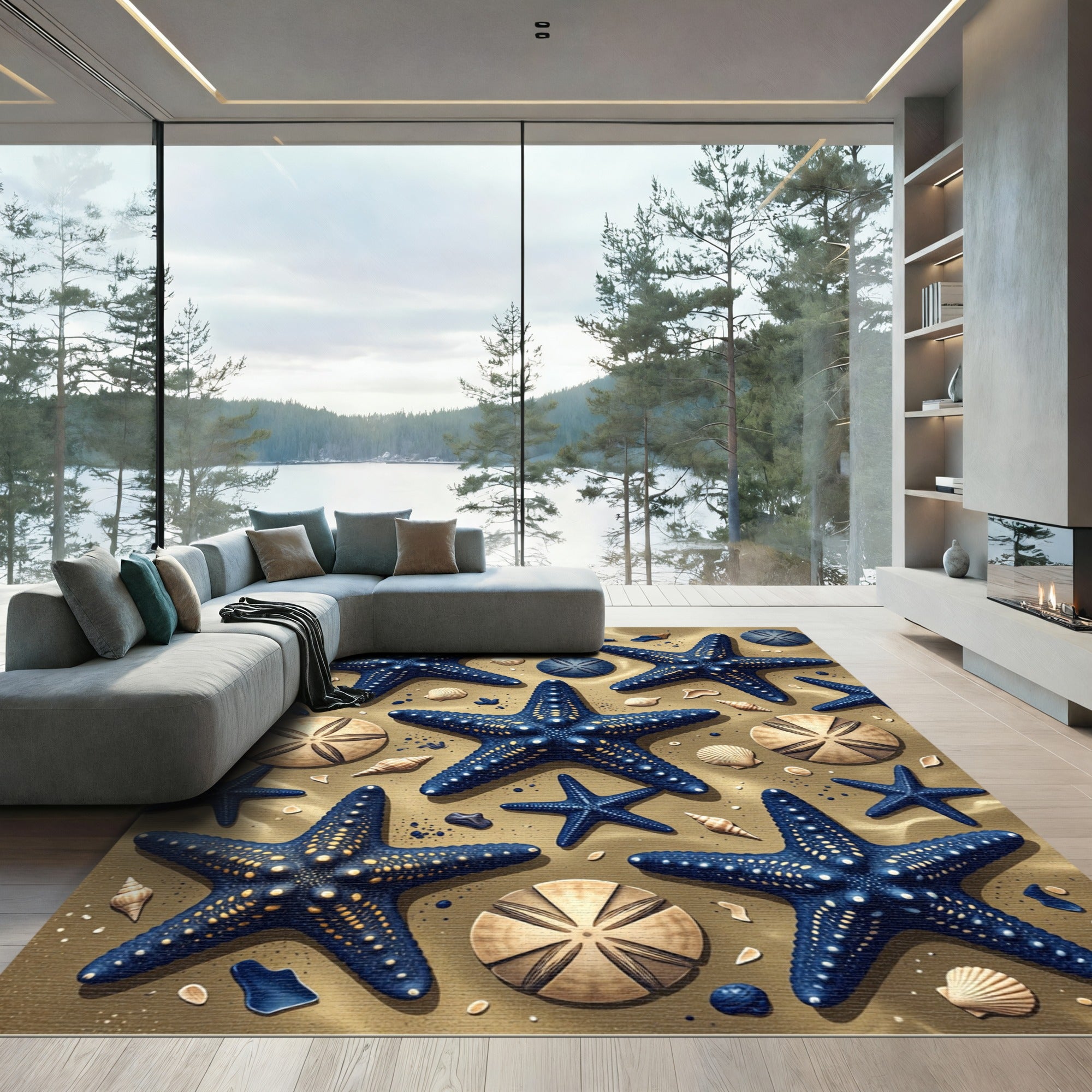 Navy Starfish and Seashell Sand Coastal Rug