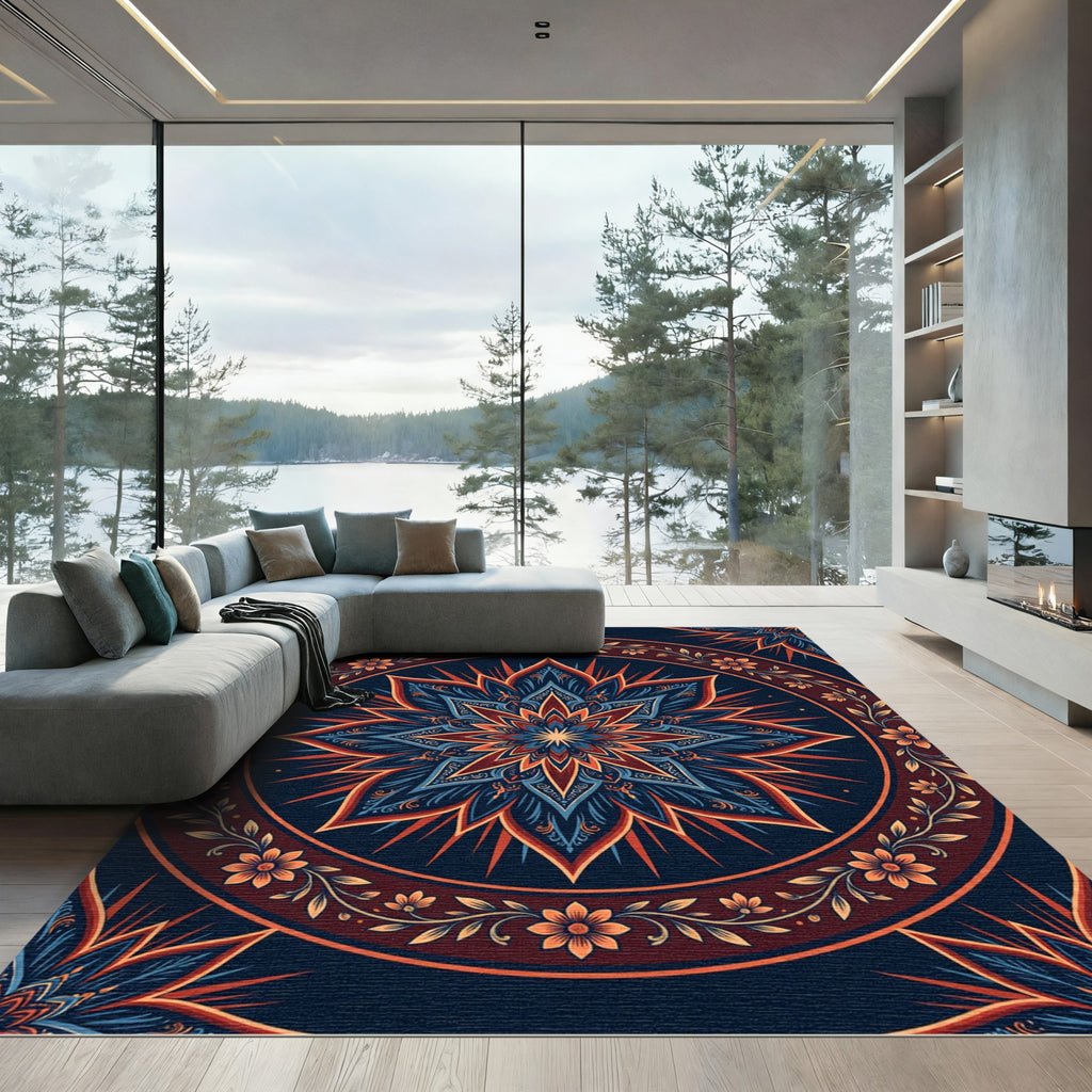 Deep Blue Orange Floral Mandala Sunburst Rug