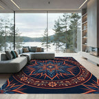 Deep Blue Orange Floral Mandala Sunburst Rug