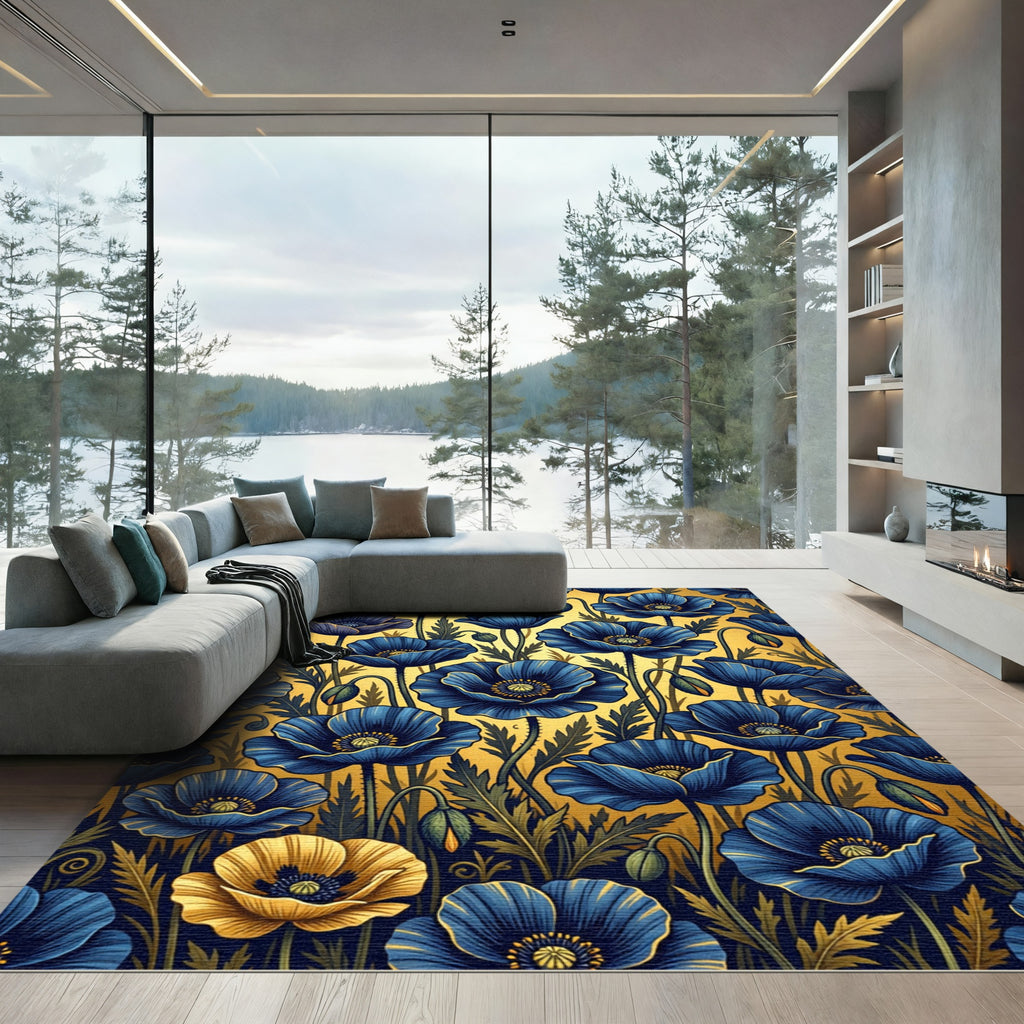 Golden Poppies in Deep Navy Blue Rug