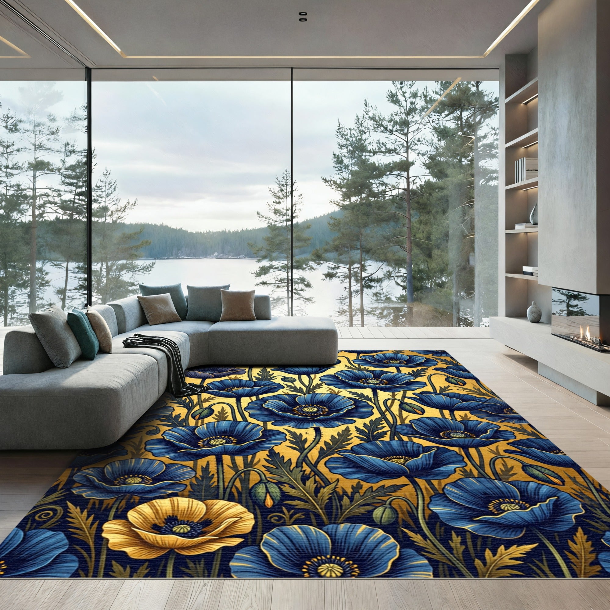 Golden Poppies in Deep Navy Blue Rug