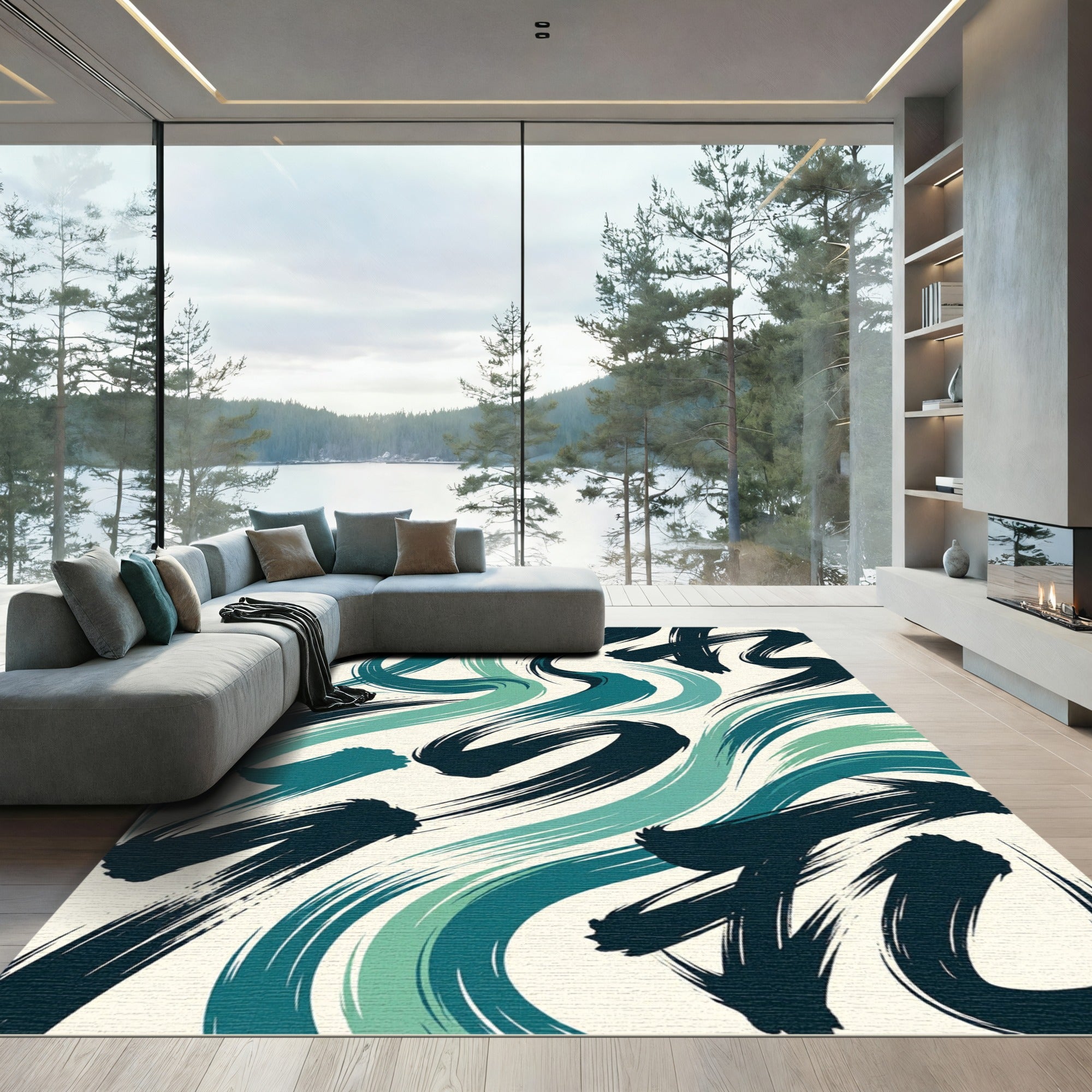 Teal And Navy Brushstroke Swirl Rug