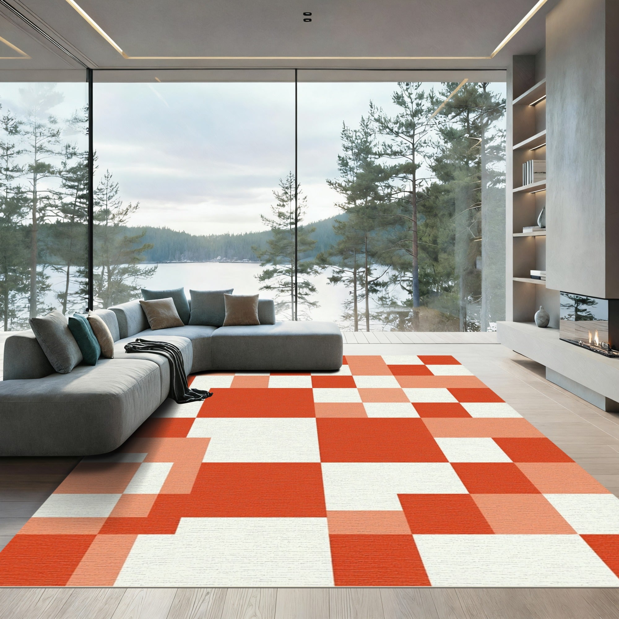 Crimson White Geometric Block Rug