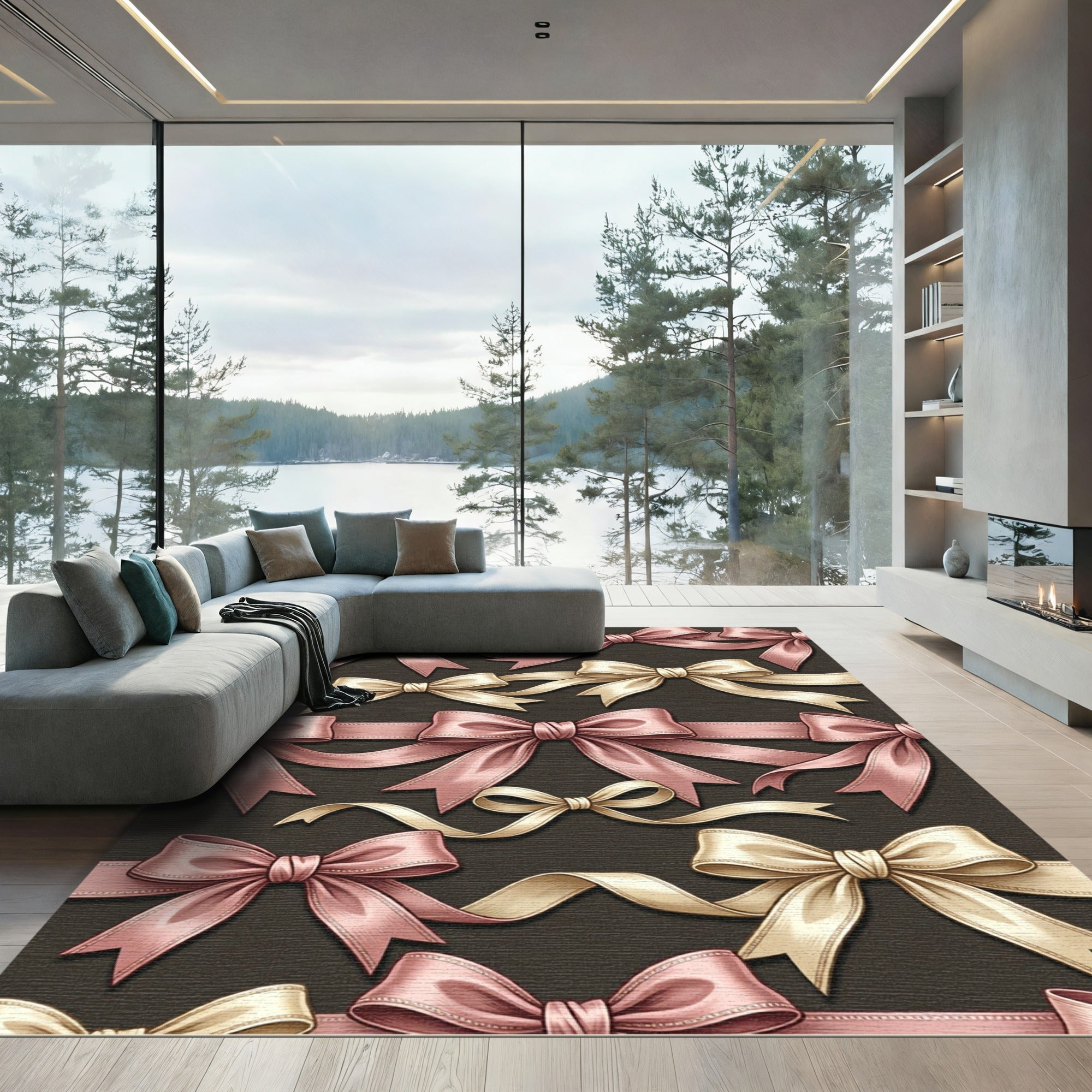 Elegant Pink and Cream Ribbon Bows Rug