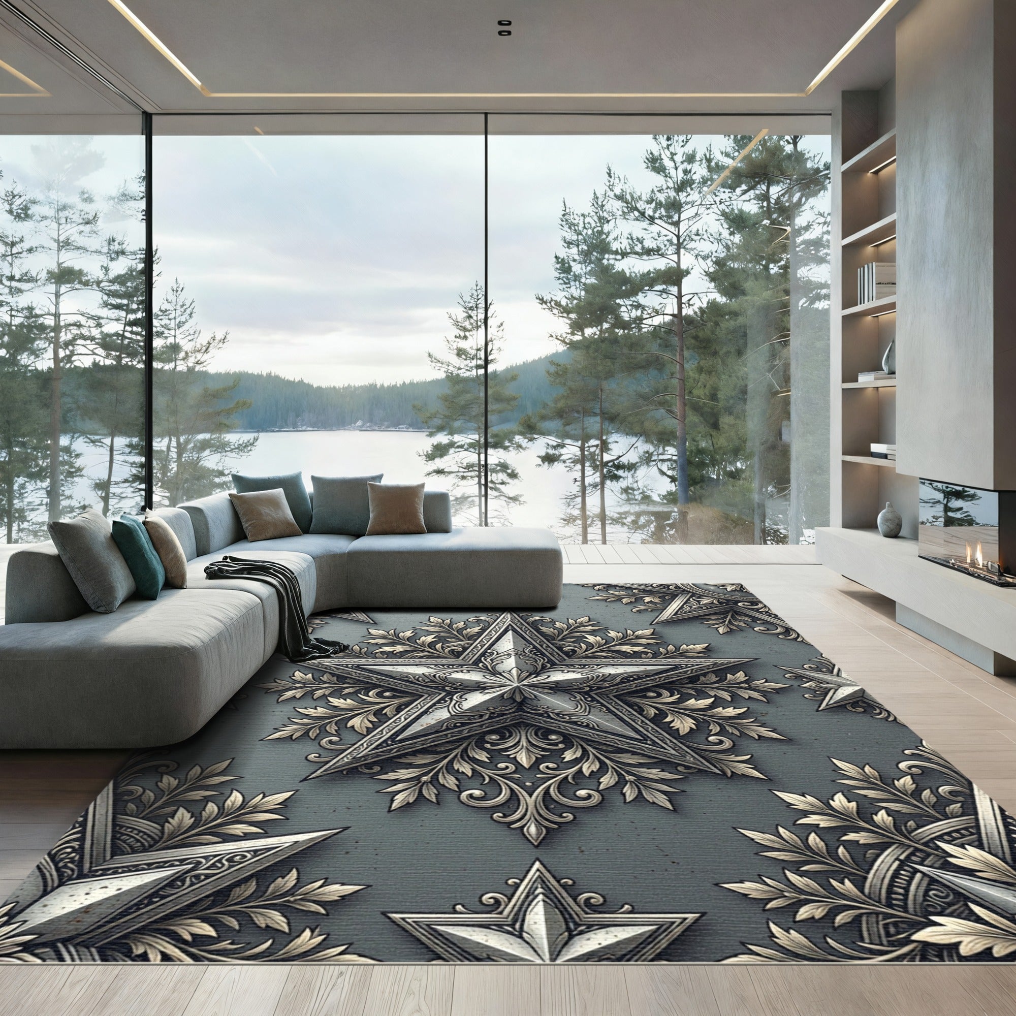 Ornate Silver Ornamental Star Embellishment Rug