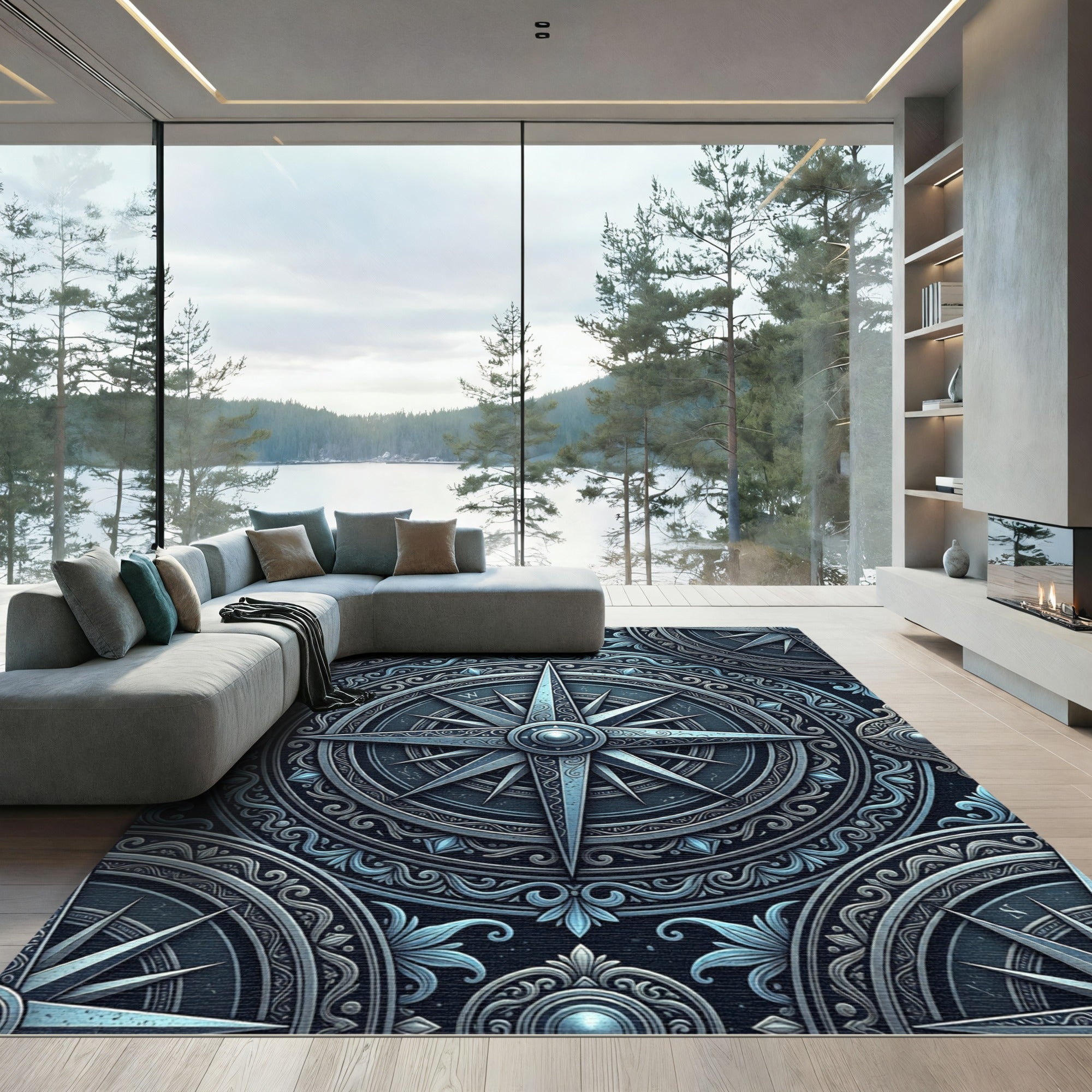Ornate Blue Compass Rose Medallion Rug