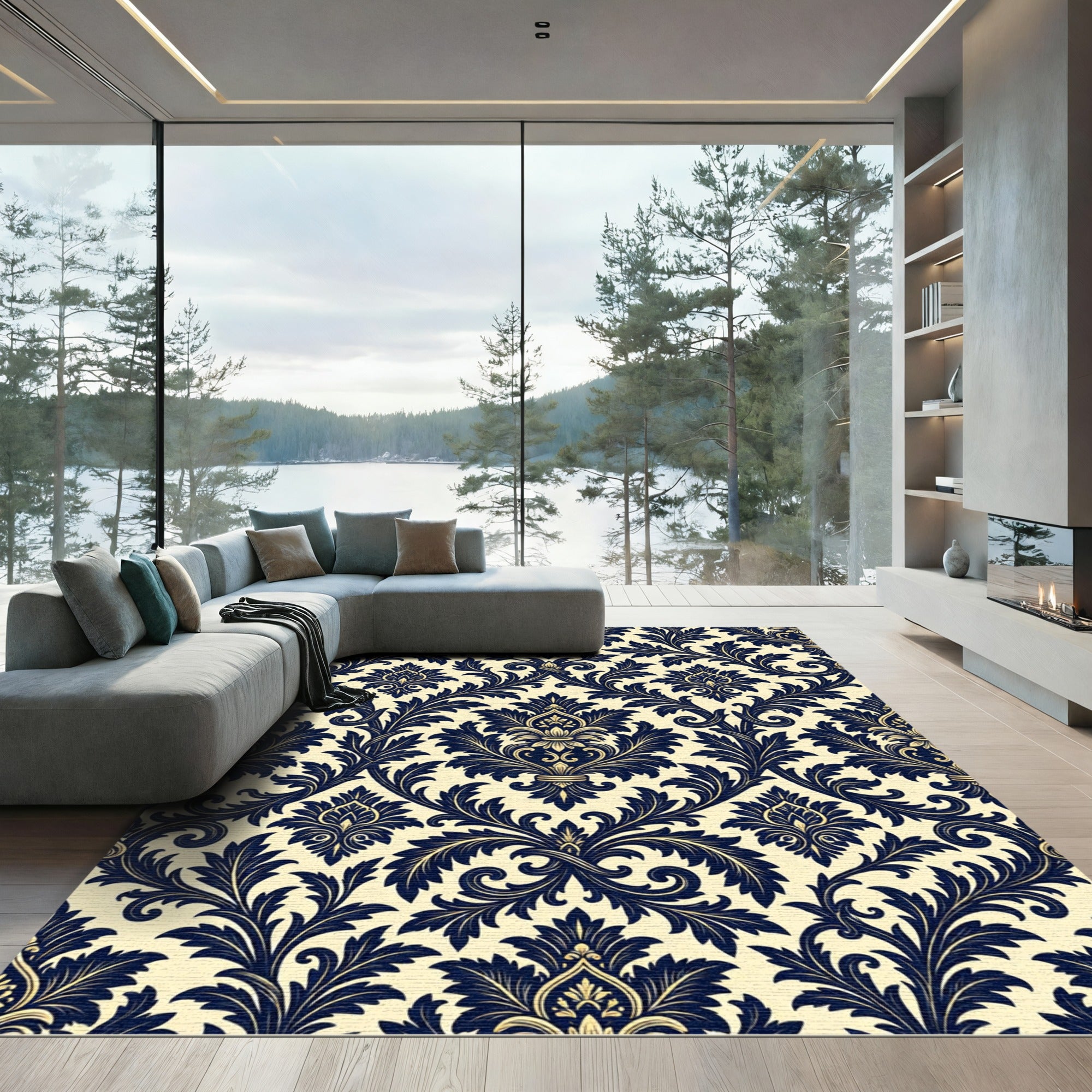 Elegant Navy Blue Damask Scroll Rug