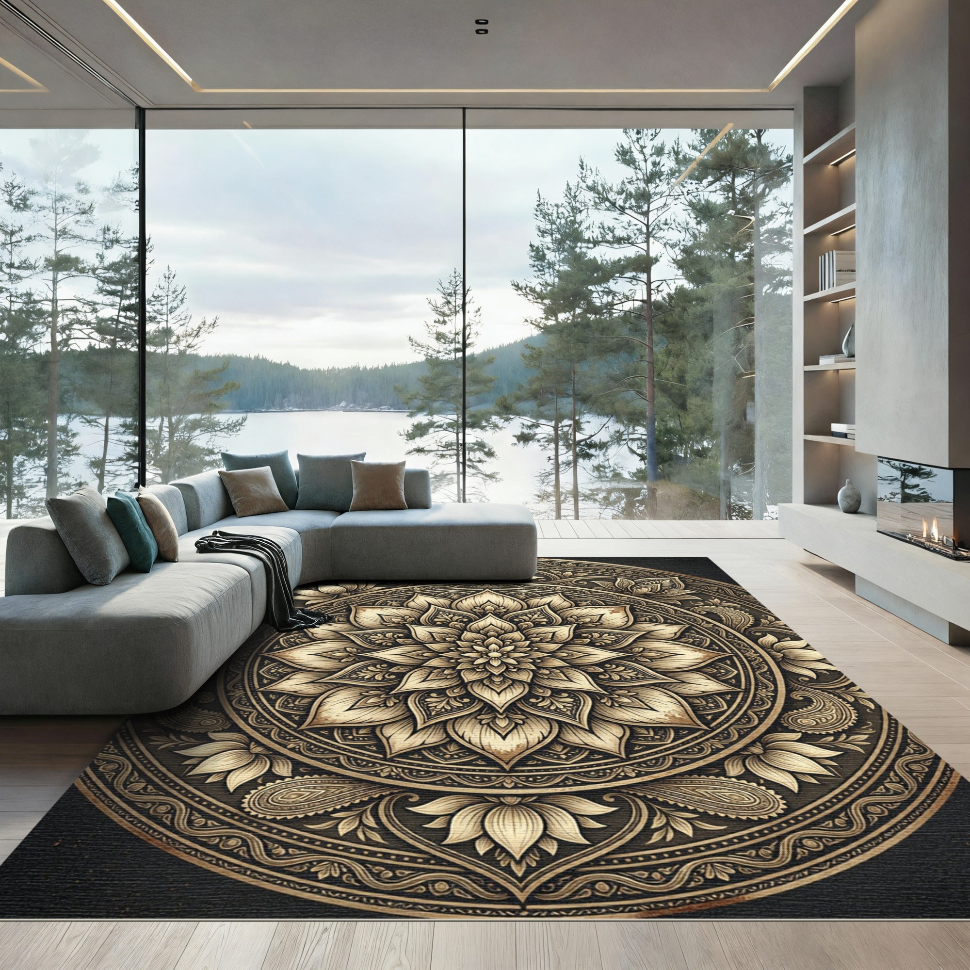 Ornate Golden Lotus Mandala Medallion Rug