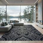 Elegant Black Silver Damask Scroll Rug