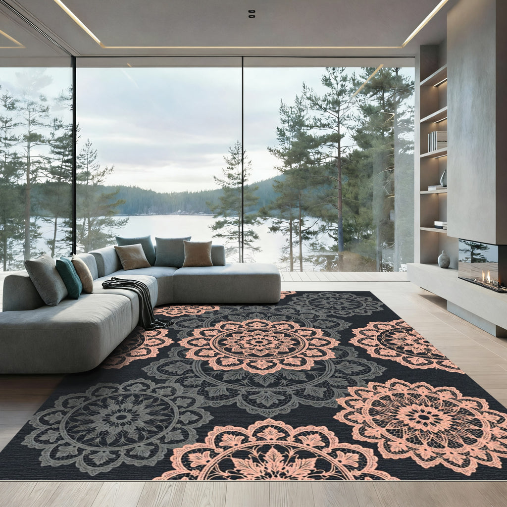 Coral And Gray Lace Medallion Medley Rug