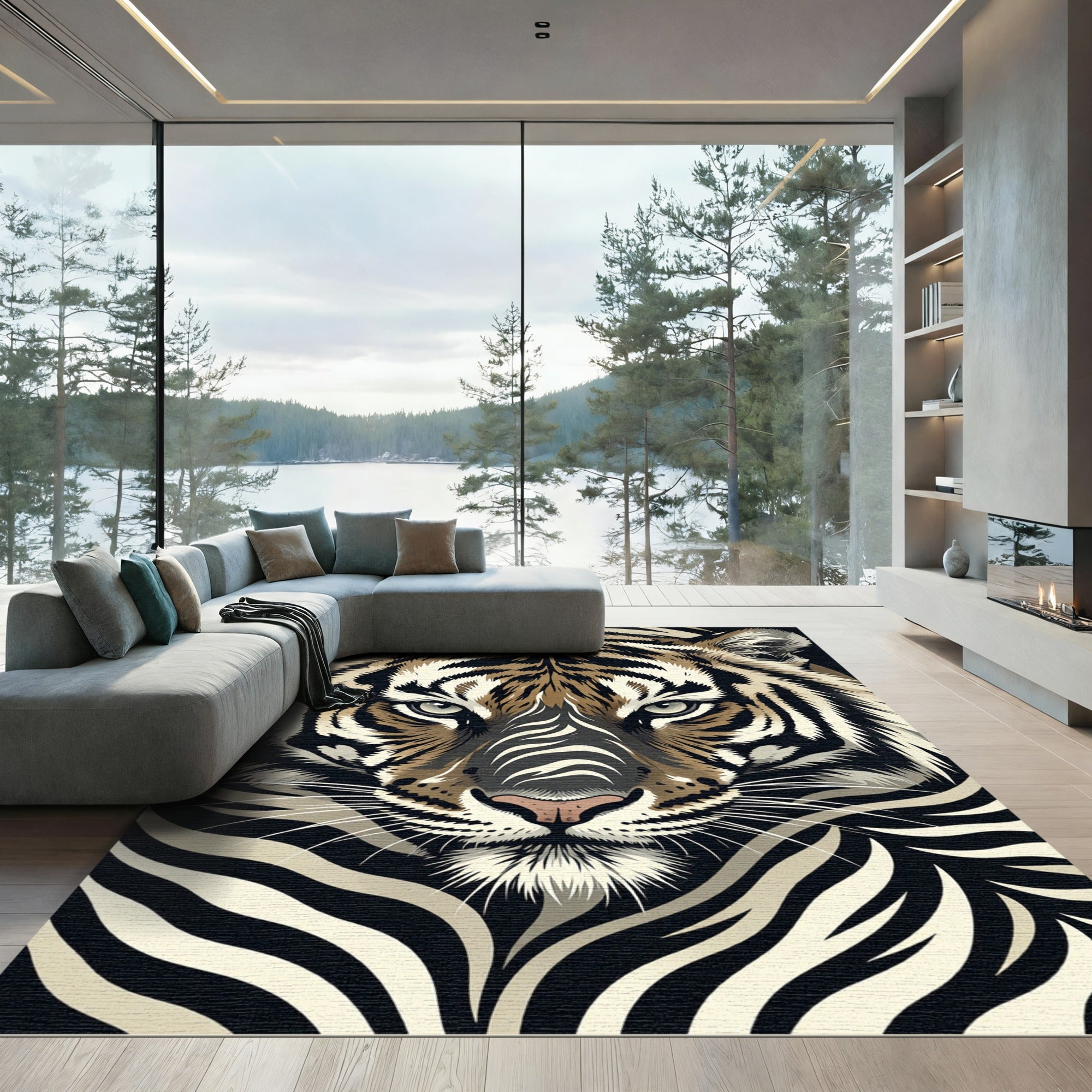 Bold Tiger Face Black And Tan Rug