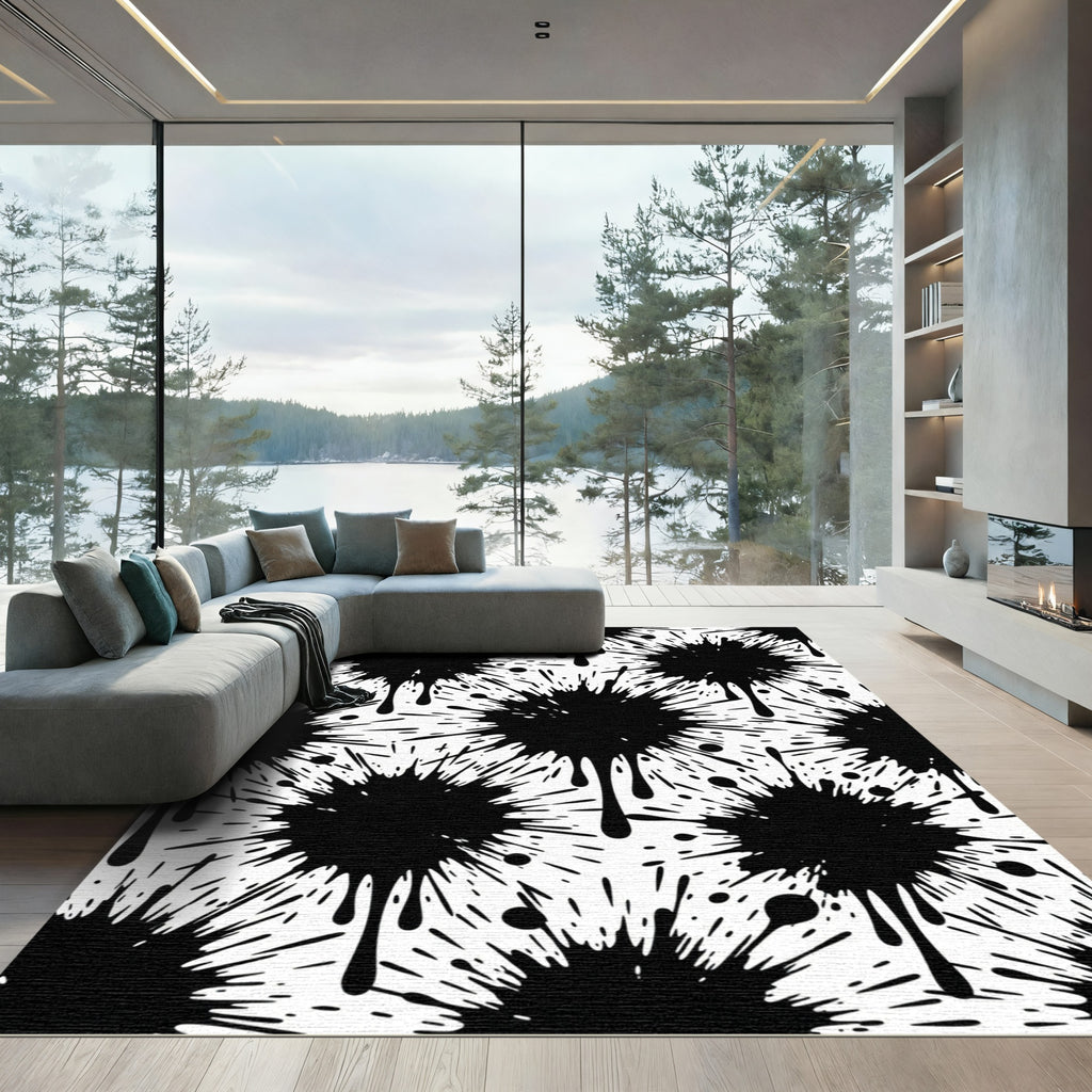 Ink Splatter Black White Abstract Rug