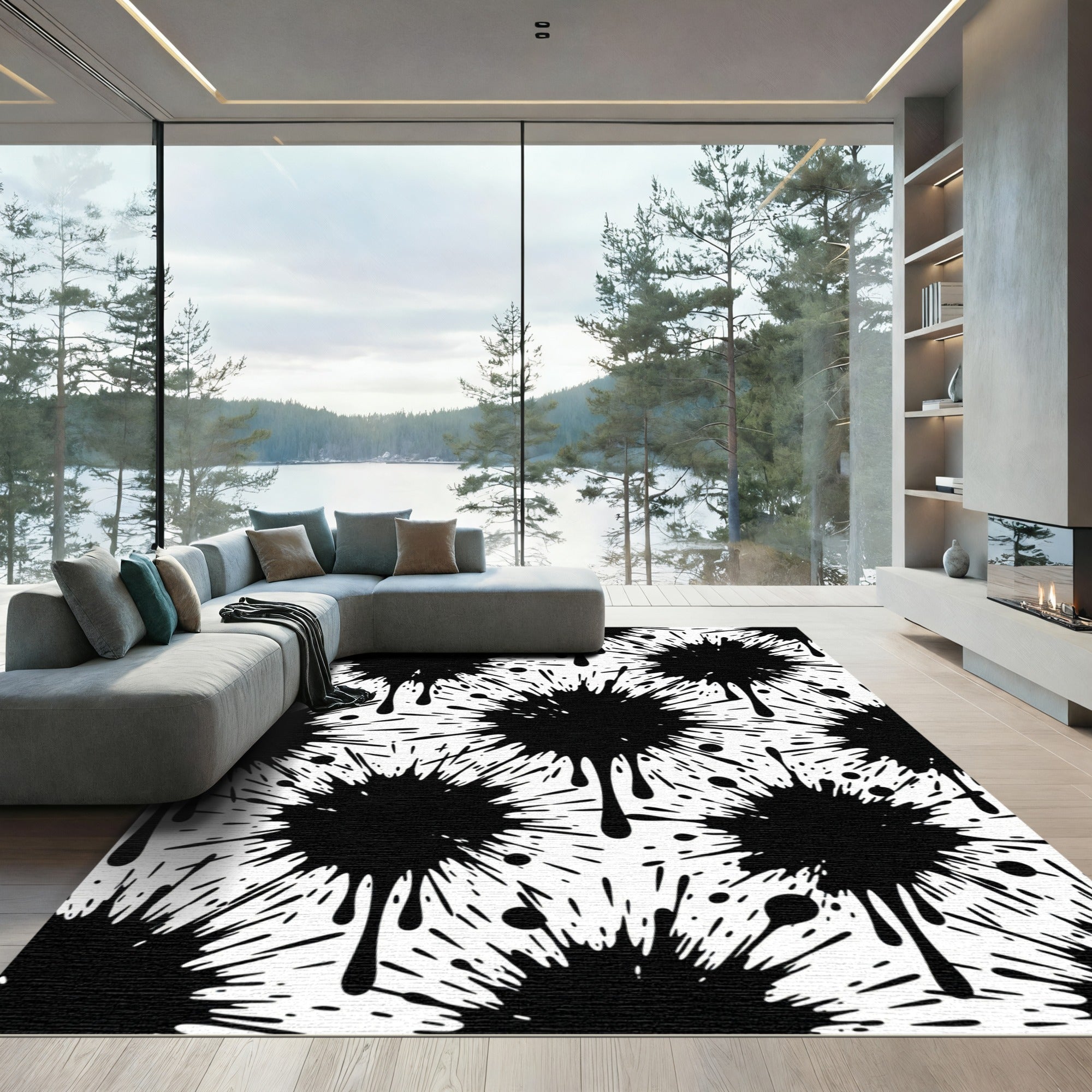 Ink Splatter Black White Abstract Rug