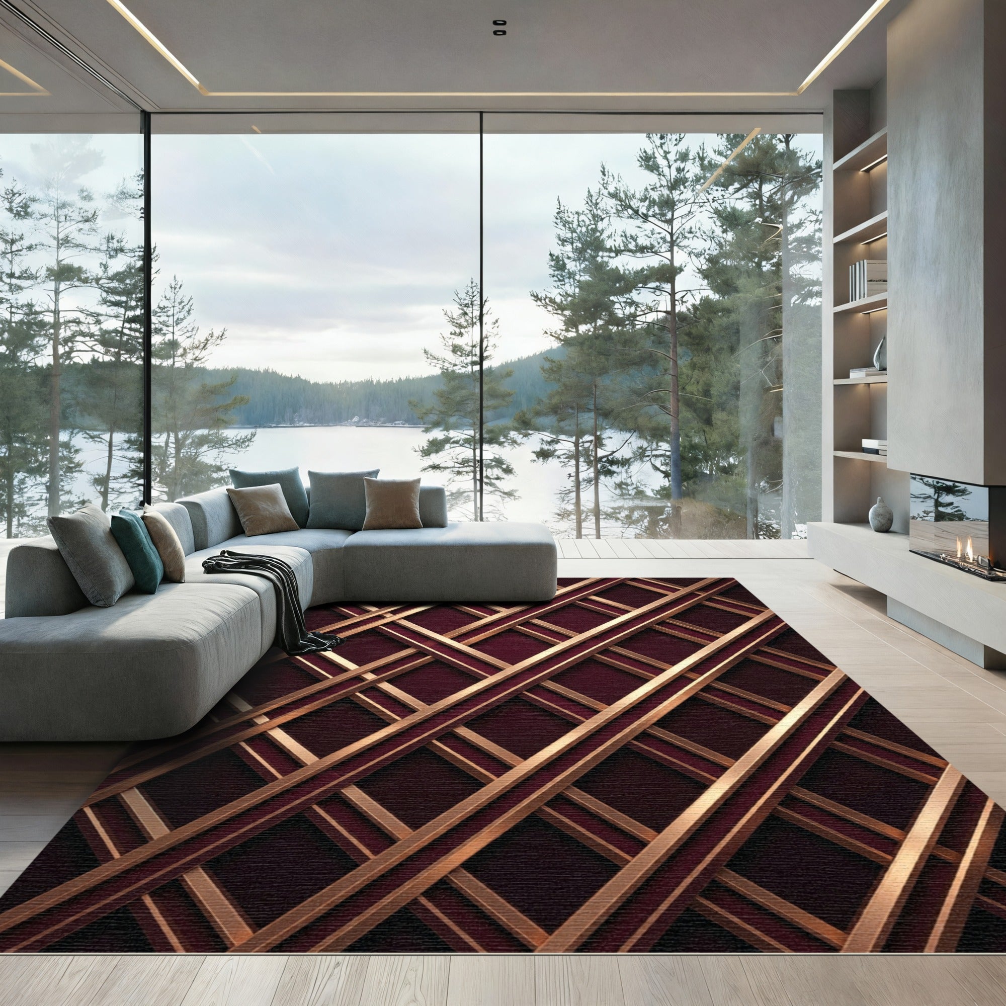 Crimson Gold Geometric Lattice Rug