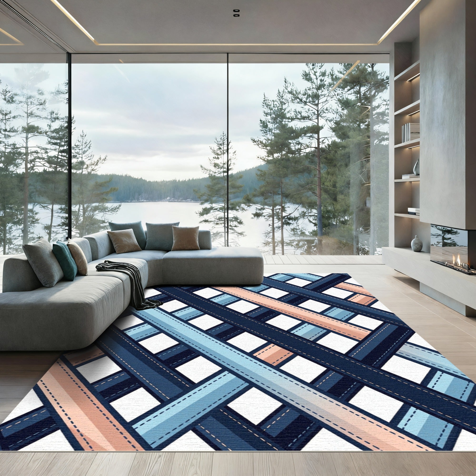 Crimson Blue Intersecting Ribbon Grid Rug