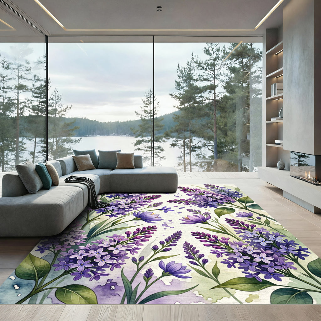 Watercolor Lilac Floral Botanical Garden Rug