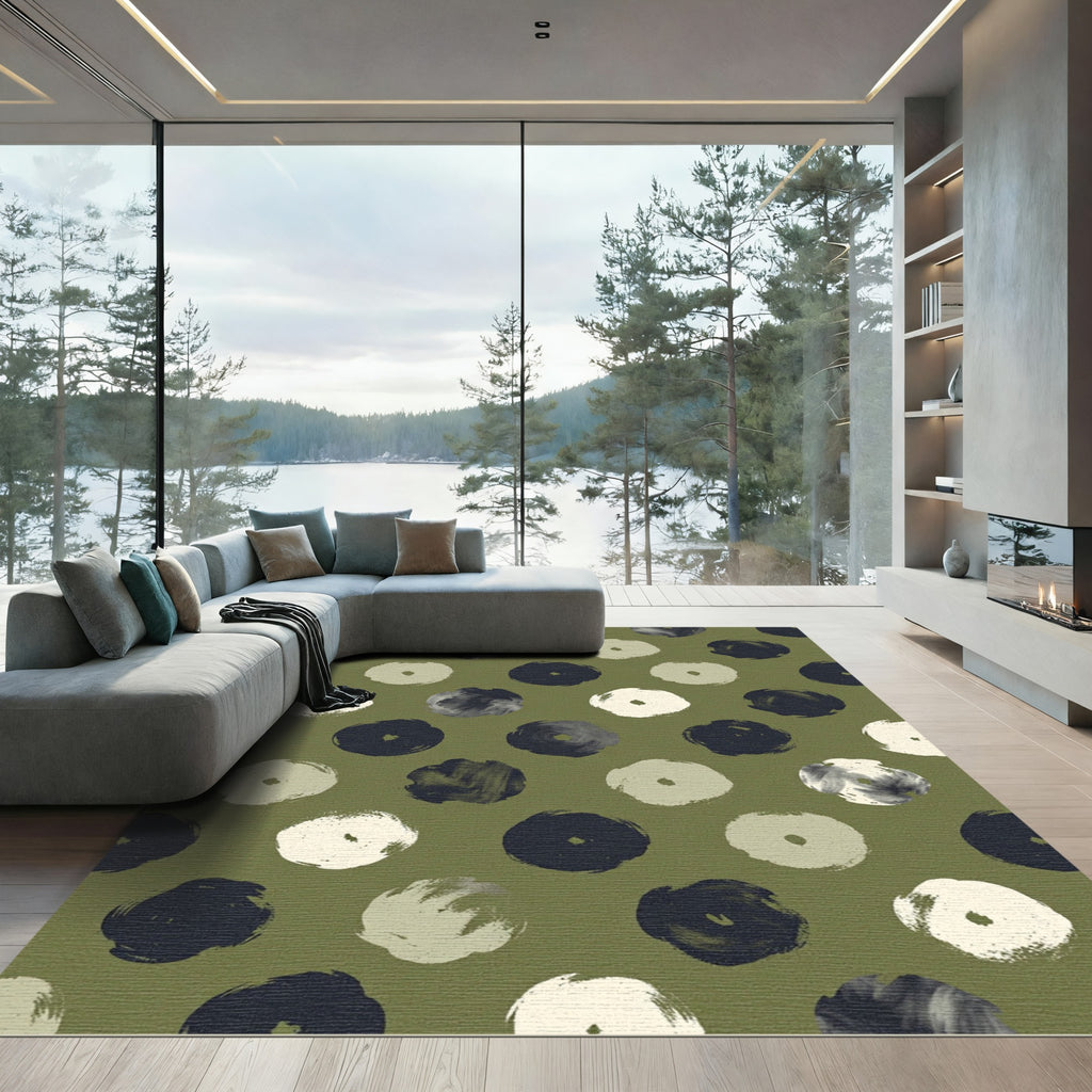 Olive And Cream Brushstroke Circles Rug