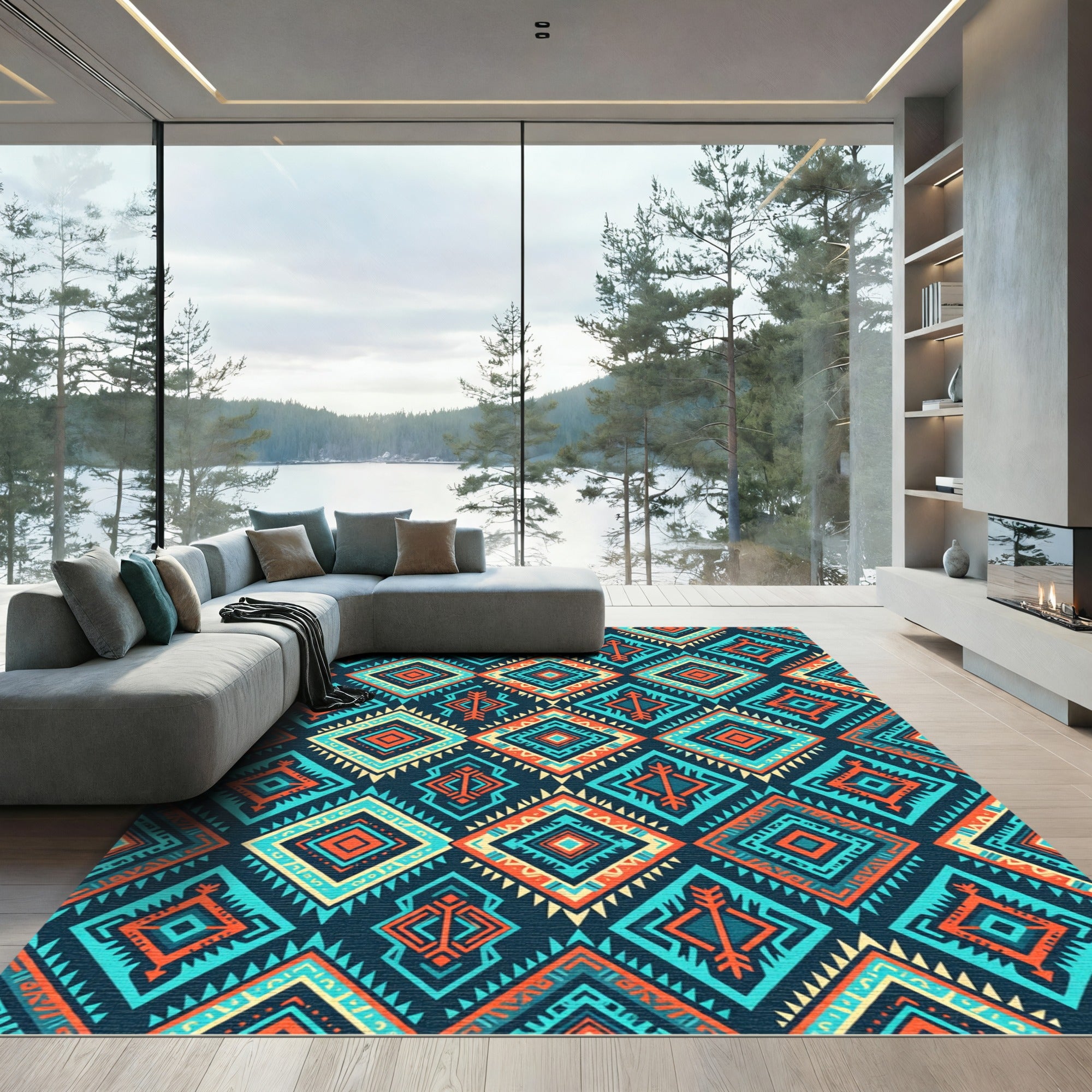 Vibrant Teal and Orange Geometric Diamond Rug