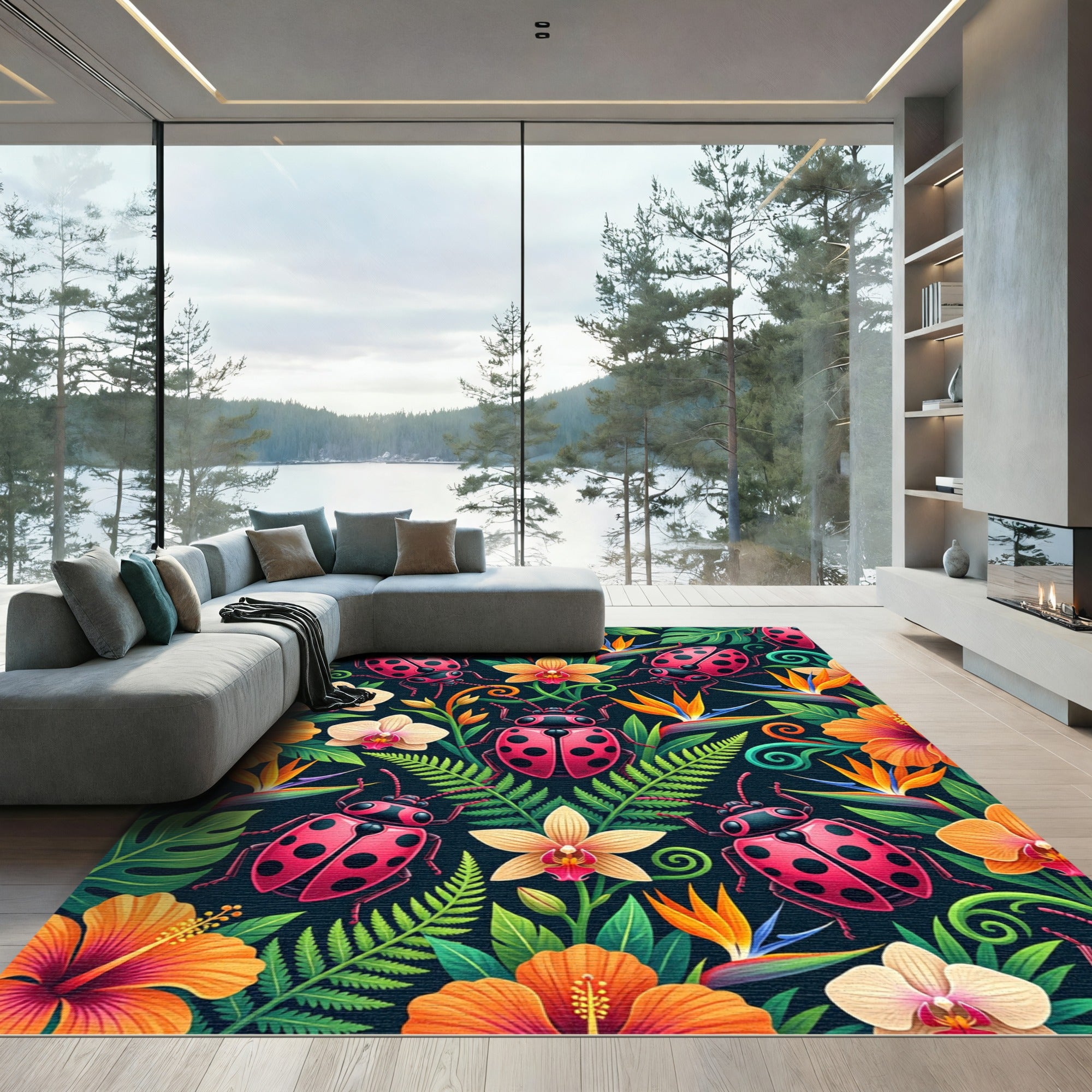 Vibrant Ladybugs Tropical Orchid Jungle Rug