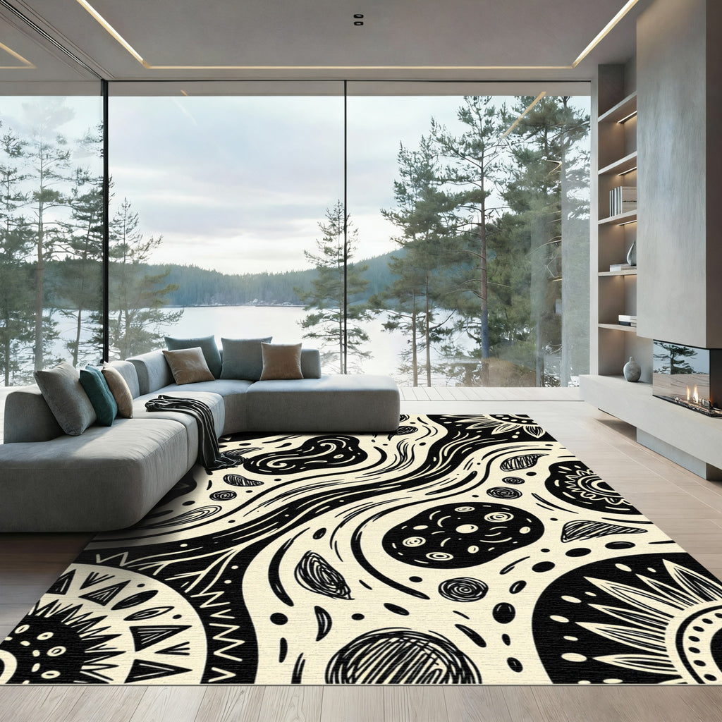Cream Black Tribal Sunburst Swirl Rug