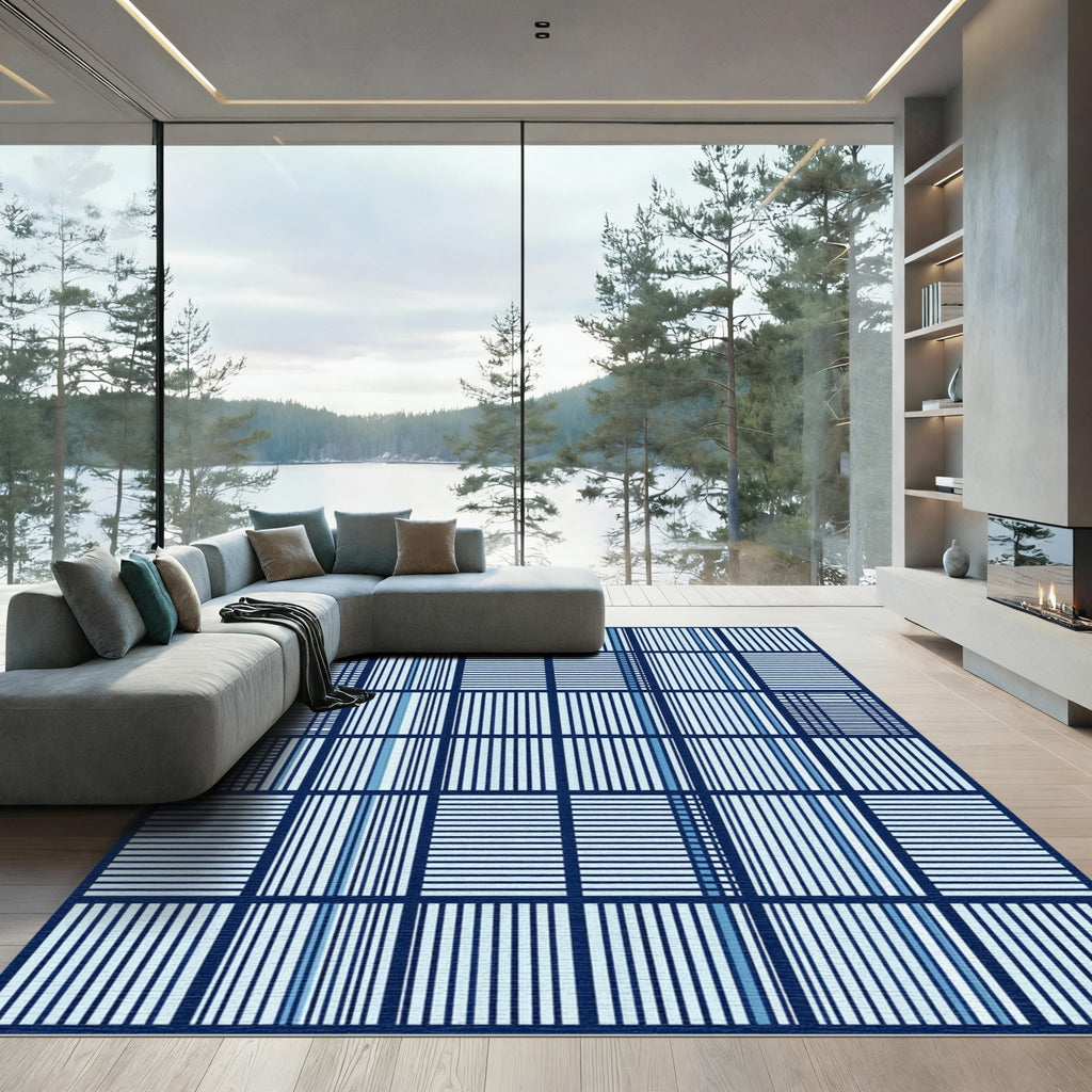 Indigo Grid Geometric Checkered Rug