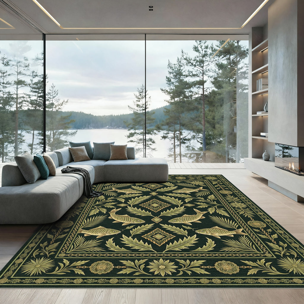 Deep Emerald Fish Floral Border Rug