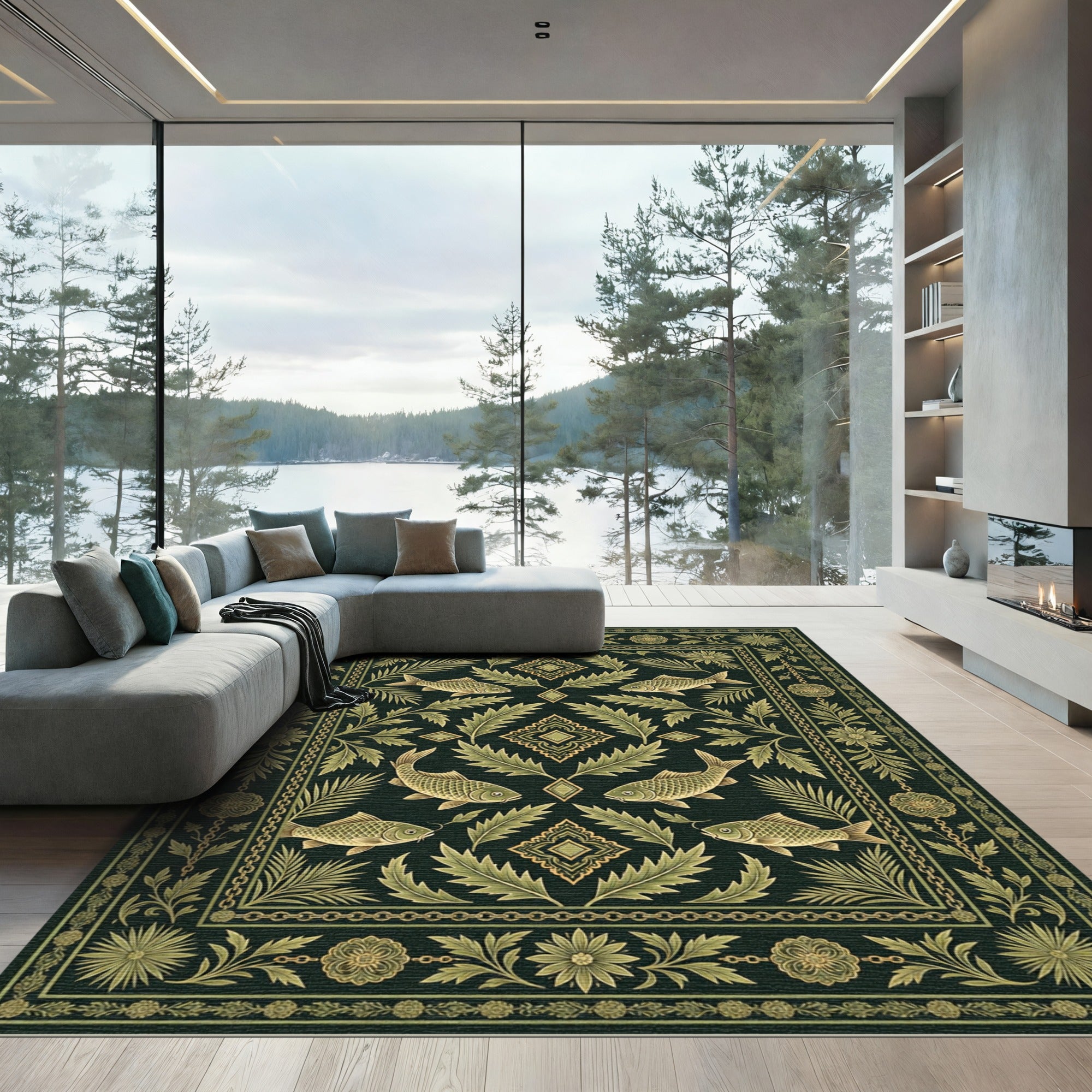 Deep Emerald Fish Floral Border Rug