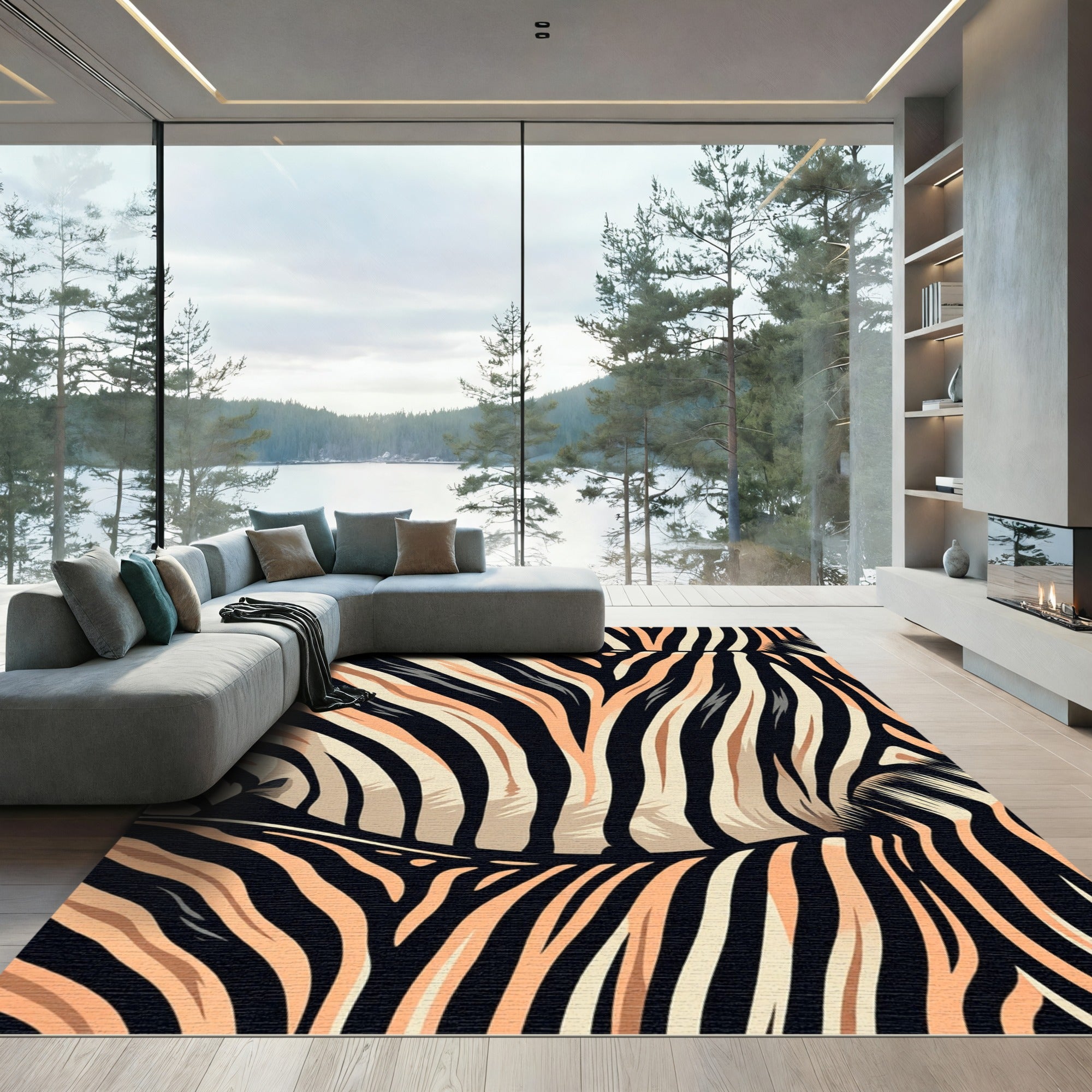 Coral Black Zebra Stripes Rug