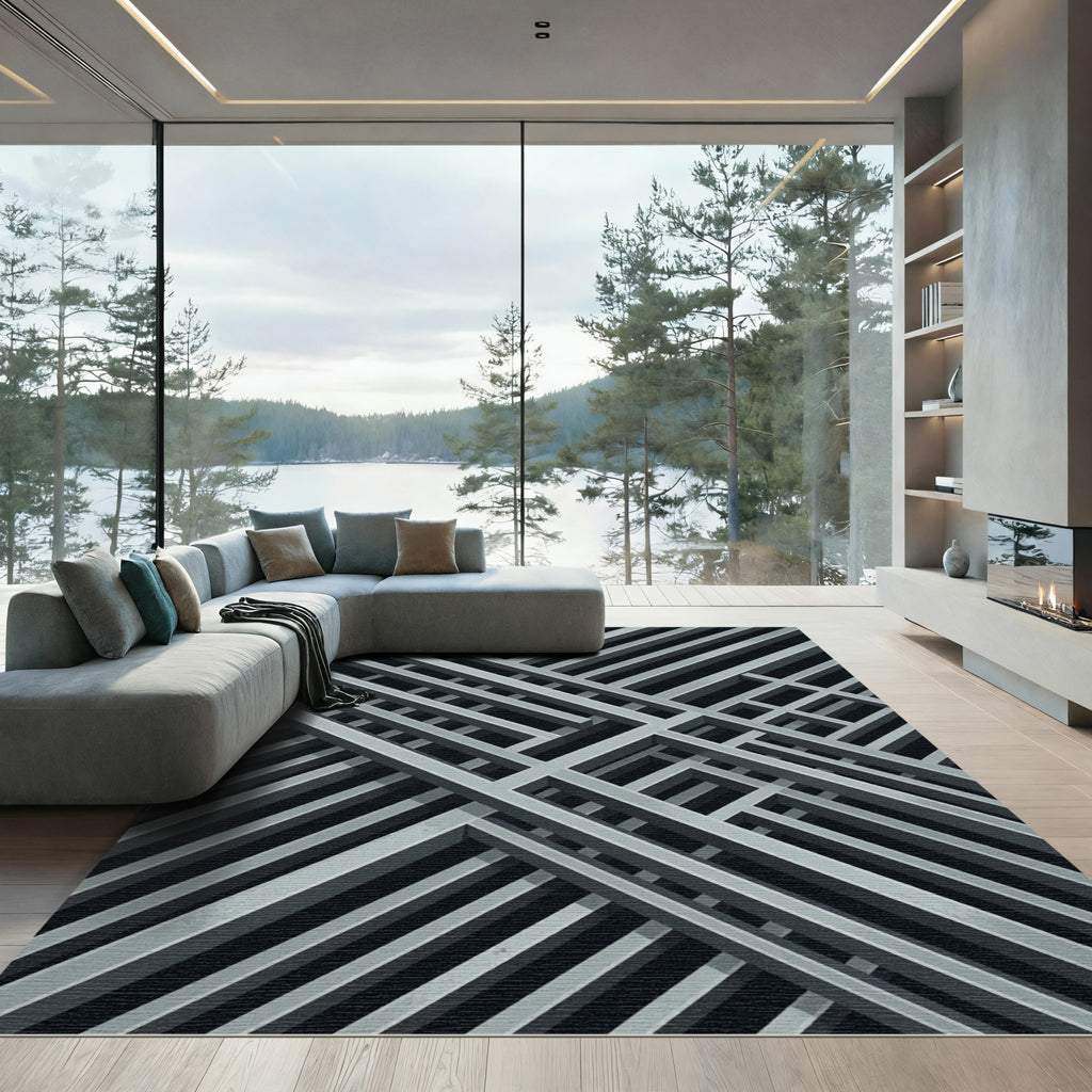 Silver Gray Intersecting Lines Rug