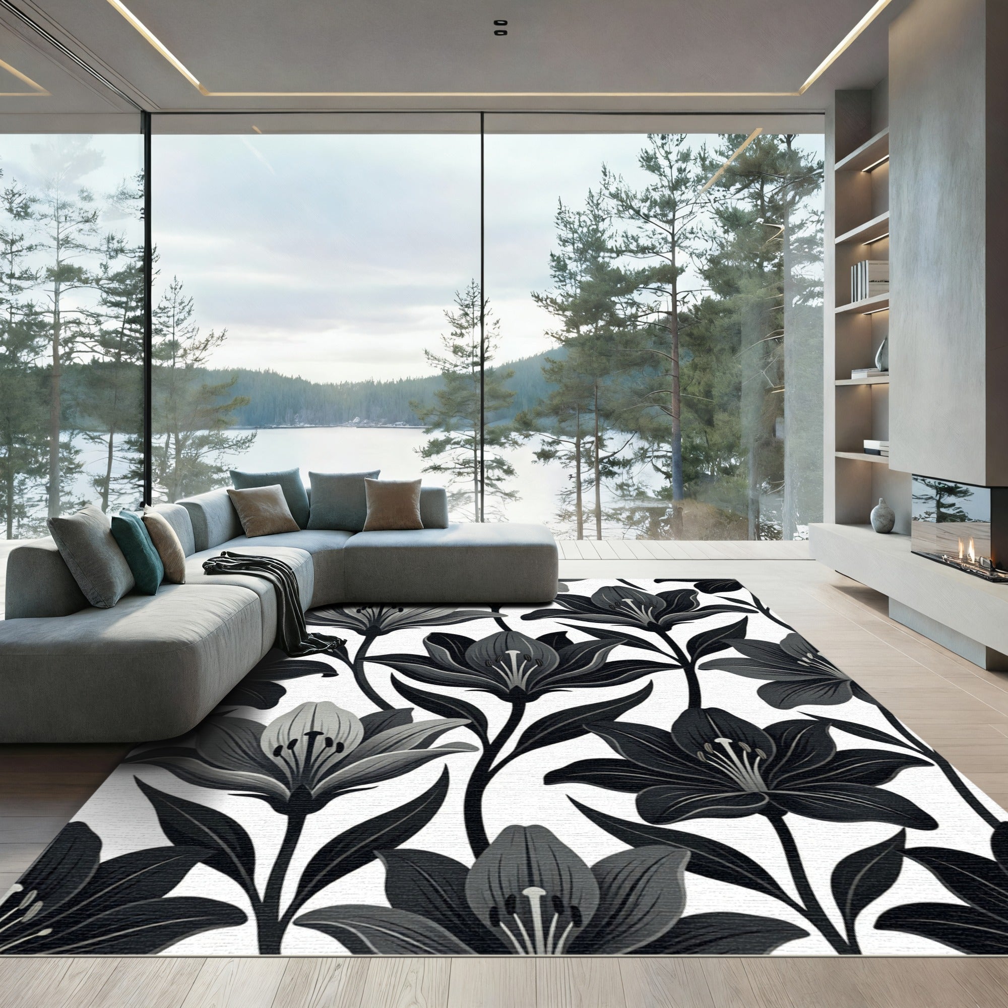 Monochromatic Lily Botanical Composition Rug
