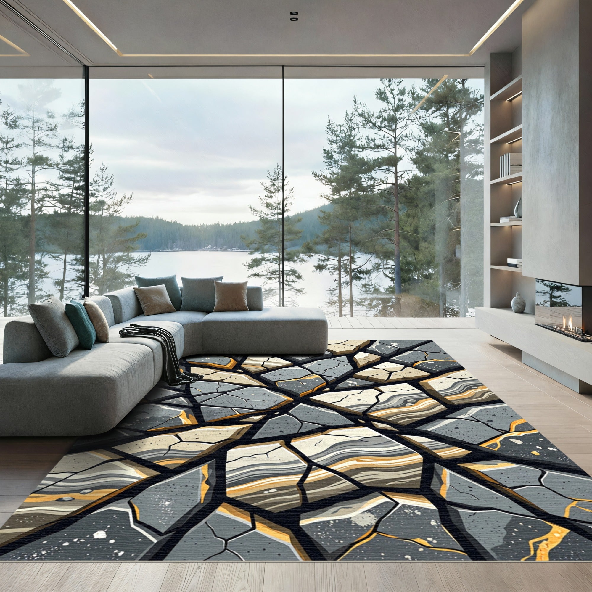 Abstract Cracked Gray and Gold Stone Rug